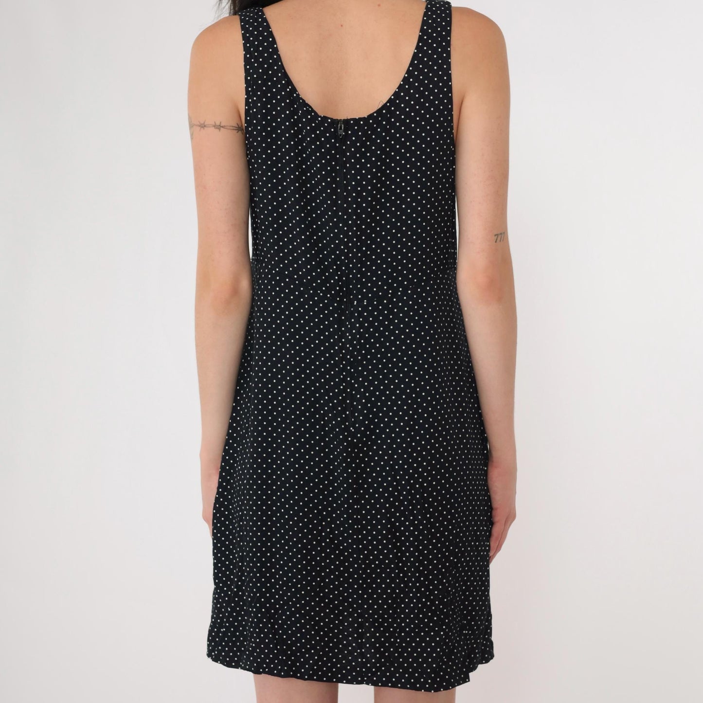 90s Black and White Polka Dot Mini Dress Empire Waist Daisy Trim Small