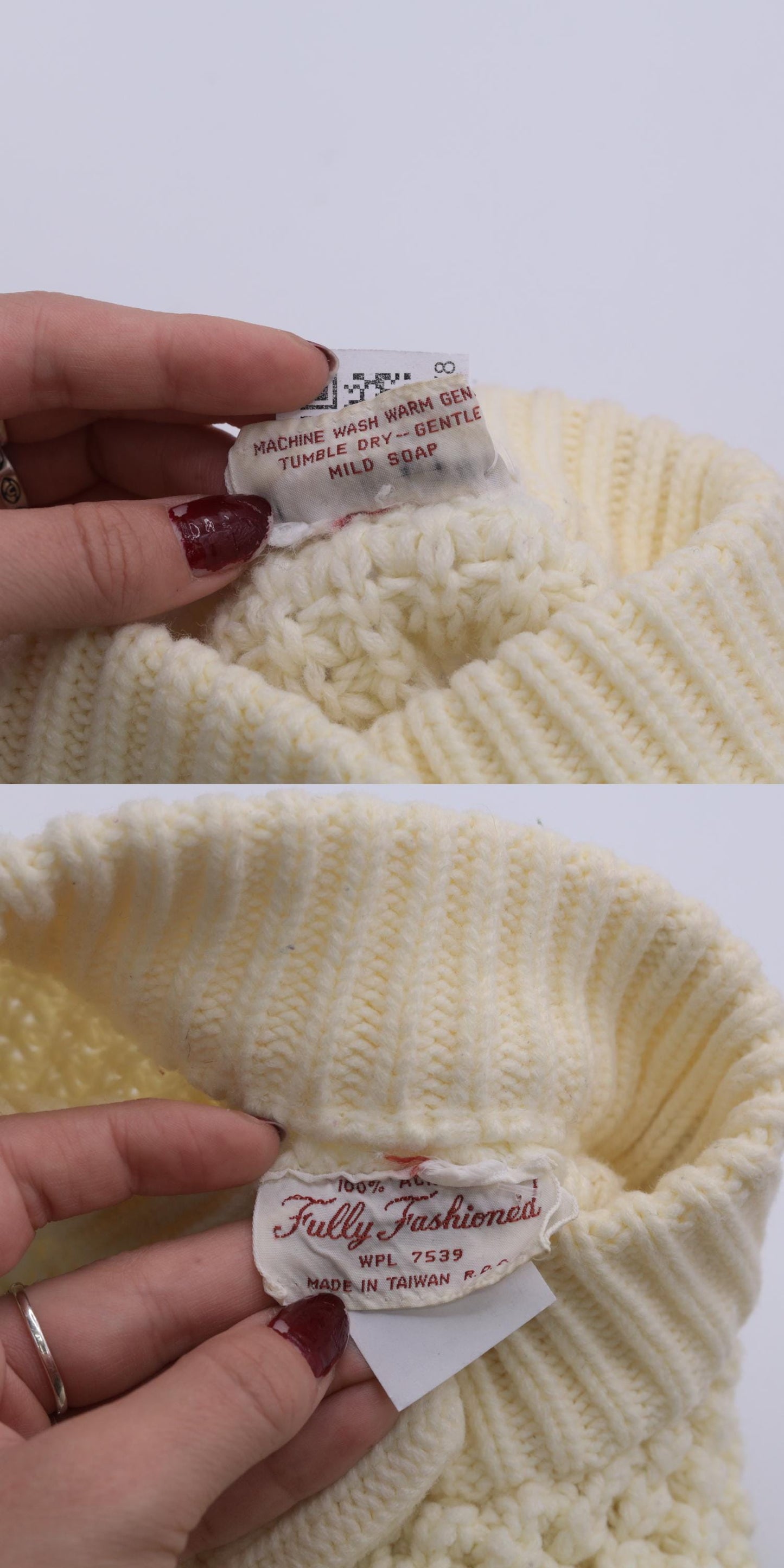 70s Cream Yellow Waffle Knit Cardigan Button-Up Ribbed Collar Pockets Medium Large