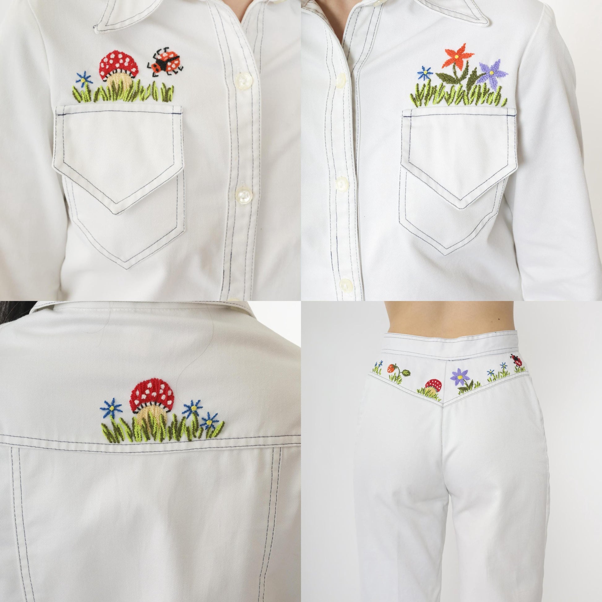 70s Andi Luv Embroidered Mushroom Two Piece Set White Cotton Blouse Pants Small