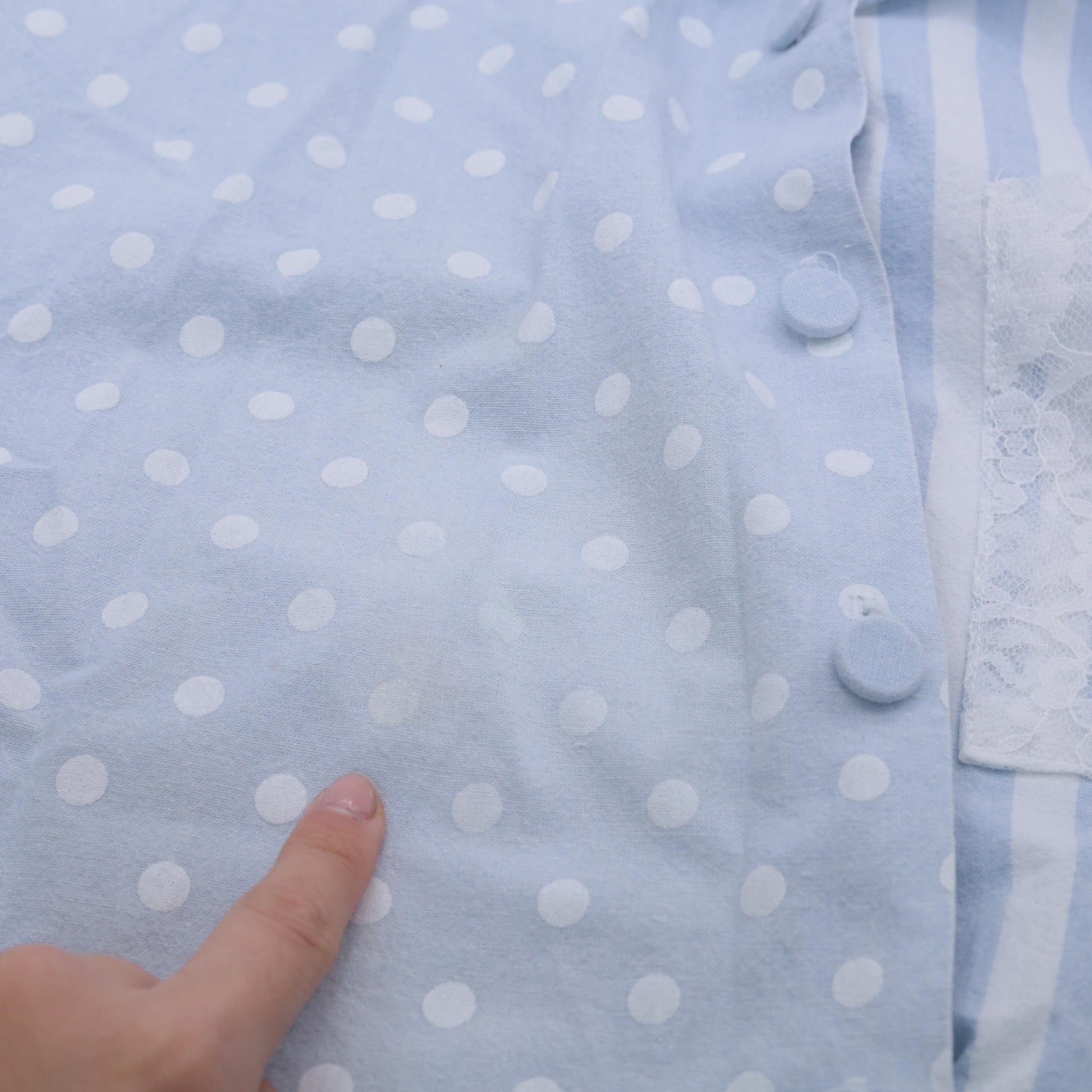 90s Baby Blue Polka Dot Striped Button Up Crop Top Chiffon Lace Small