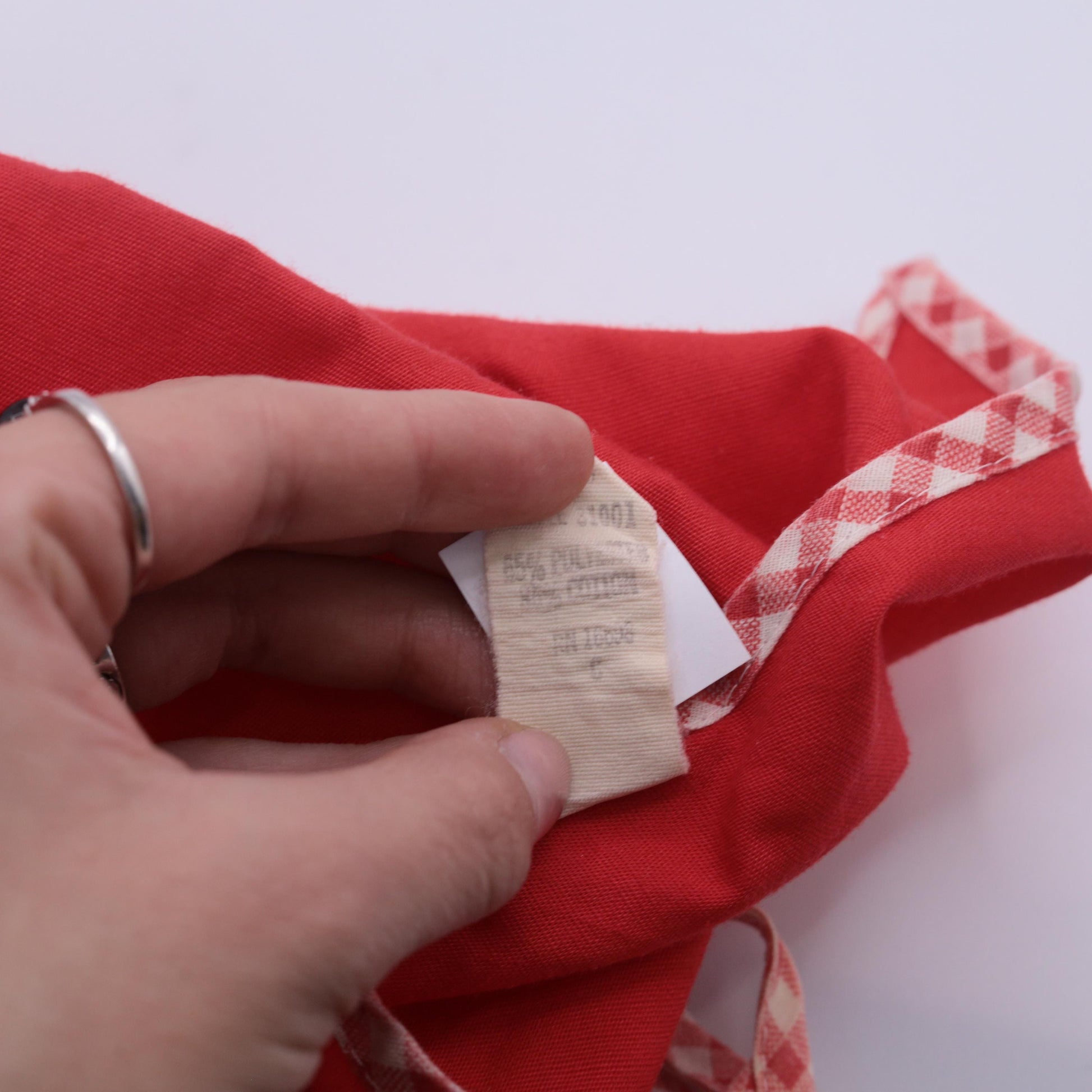 70s Red Spaghetti Strap Midi Tent Dress Checkered Trim Medium M