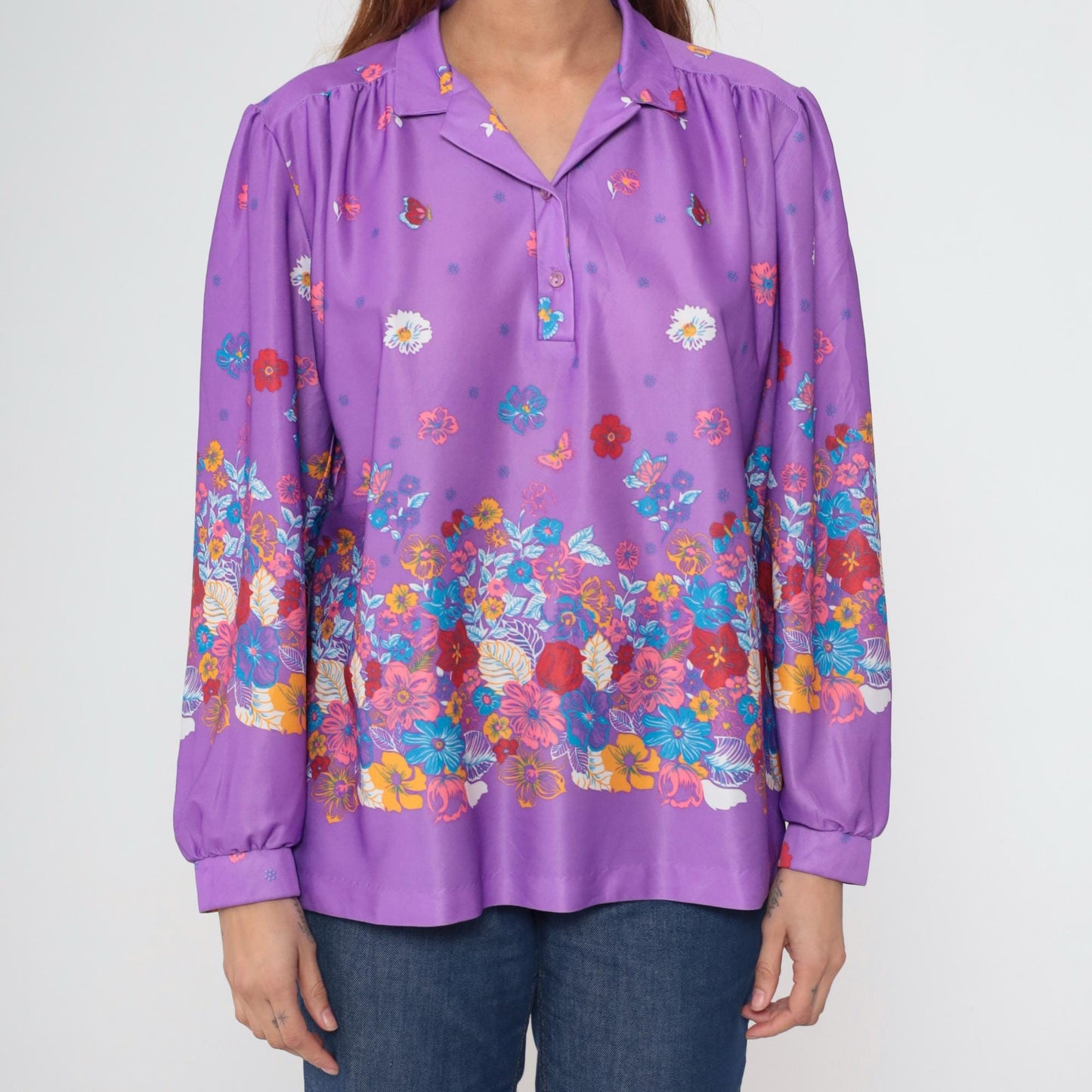70s Penny Lou Floral Butterfly Blouse Purple Puff Sleeve Button Up Extra Large