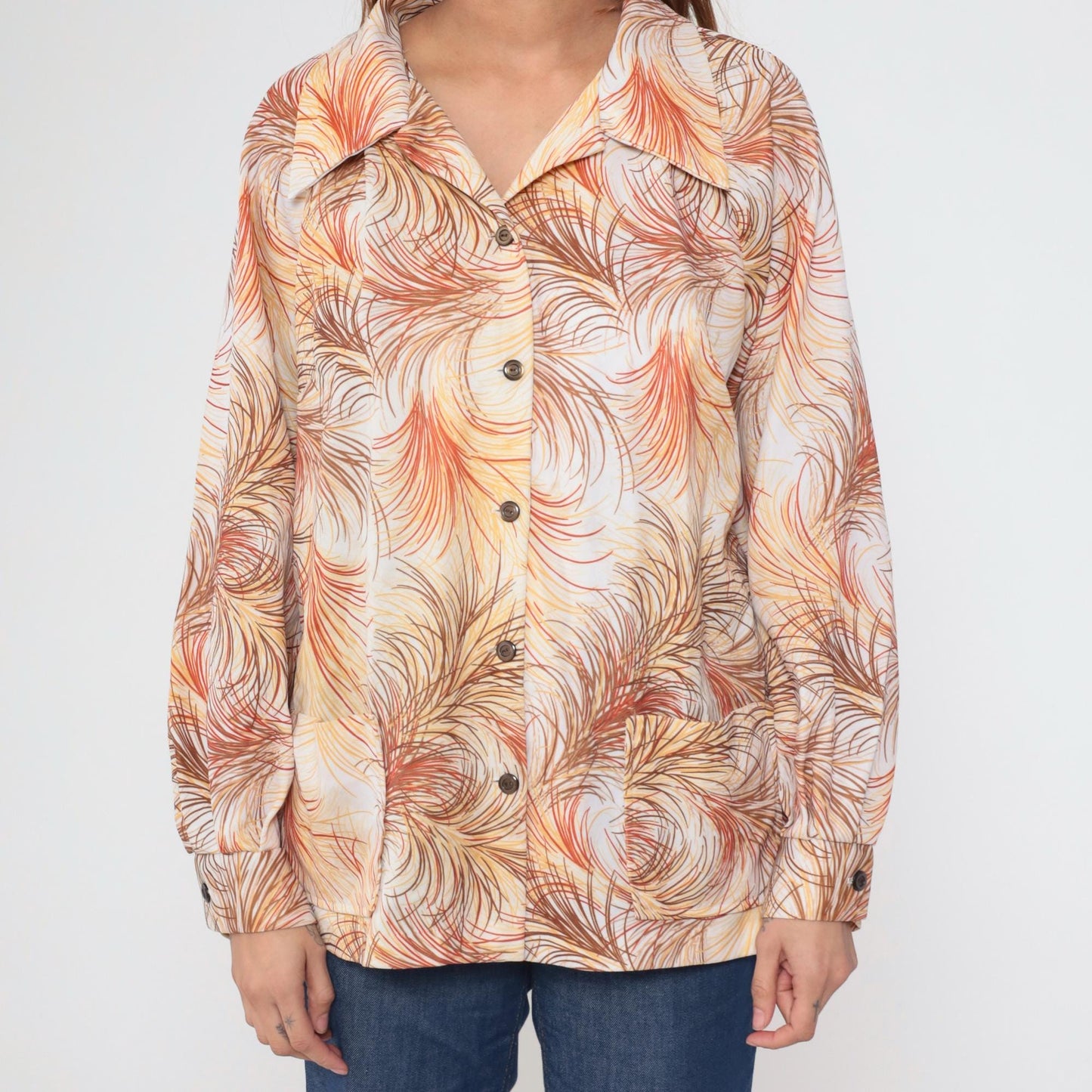 70s Abstract Feather Print Button Up Blouse Dagger Collar Yellow Orange Brown Extra Large