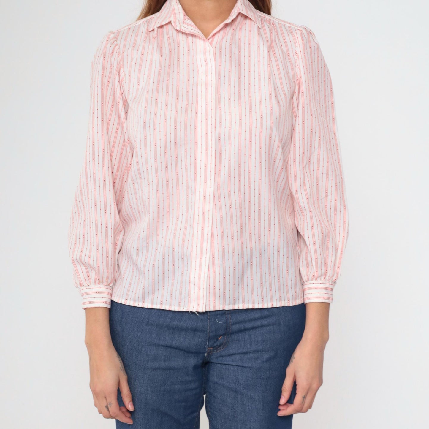 80s Striped Puff Sleeve Button-Up Blouse White Red Small S