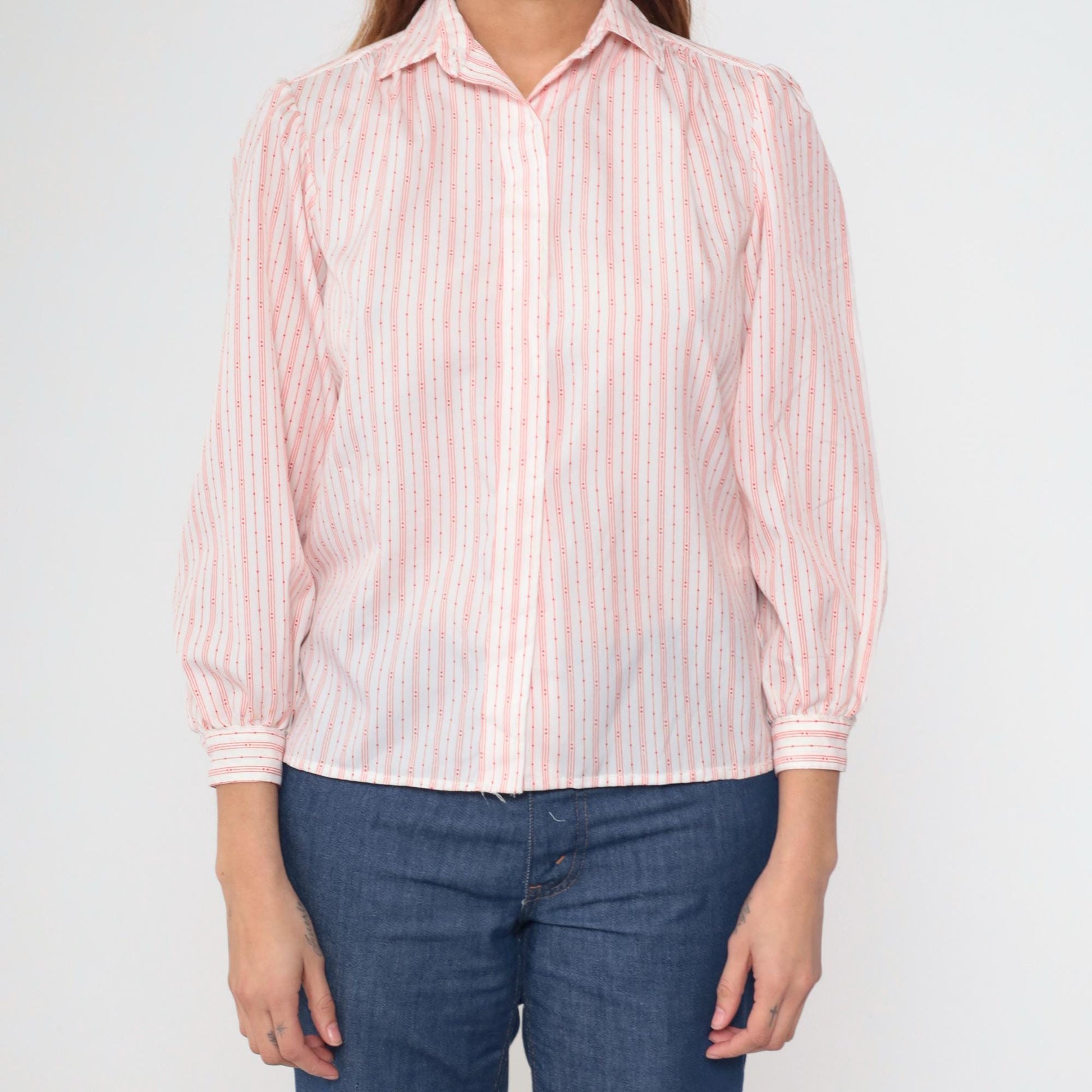 80s Striped Puff Sleeve Button-Up Blouse White Red Small S