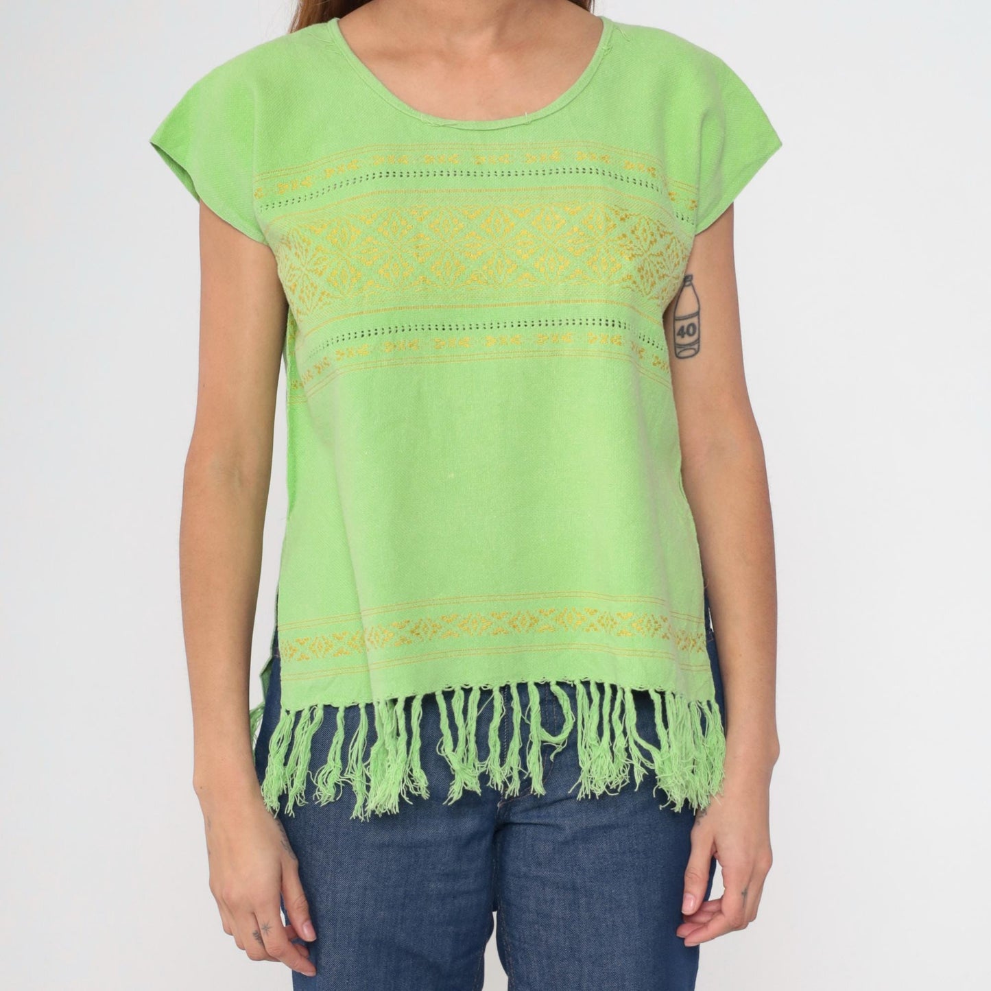 80s Lime Green Embroidered Mexican Tunic Top Geometric Cutwork Cap Sleeve Medium