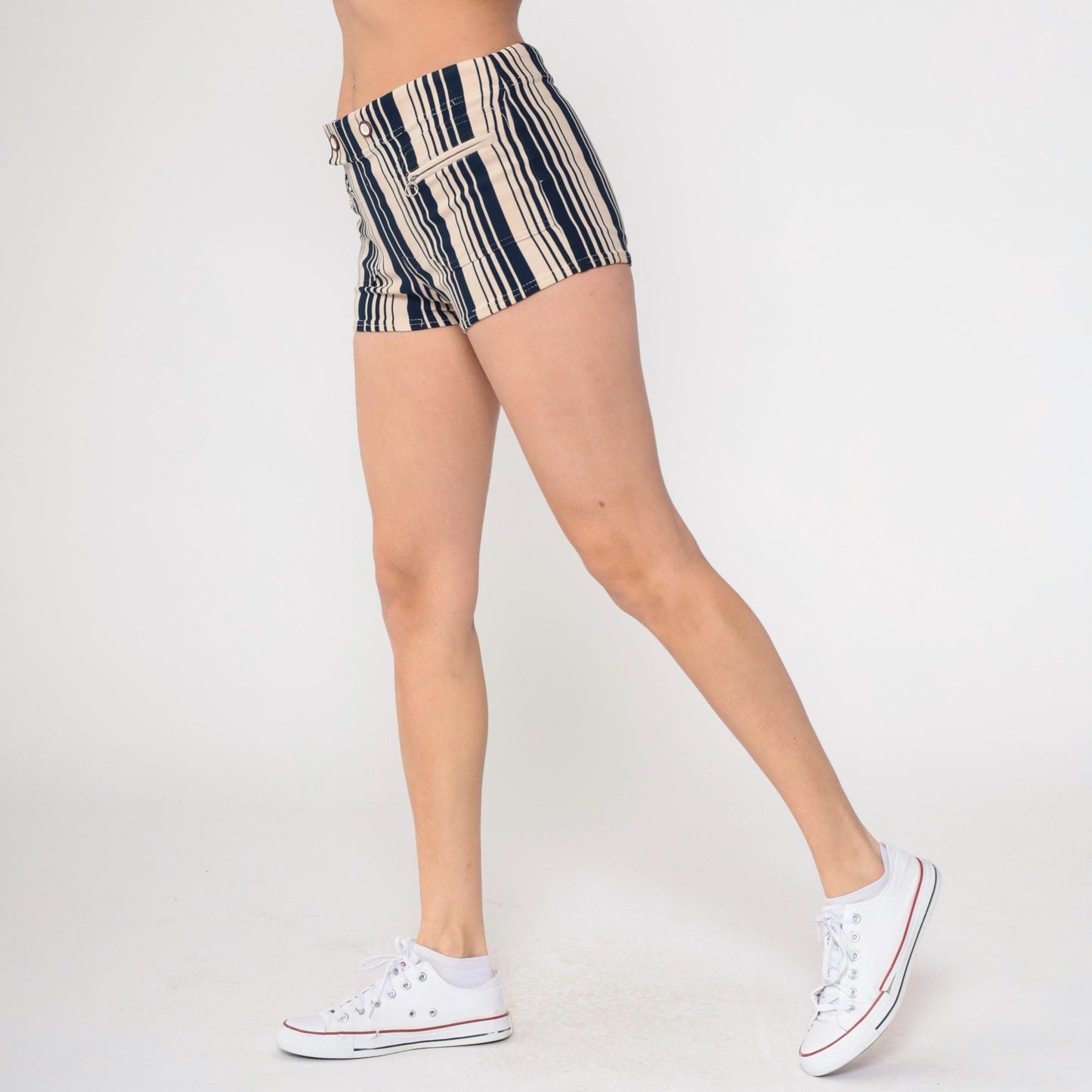 70s Catalina Striped Swim Shorts Navy Beige High-Waisted Bikini Bottom Small
