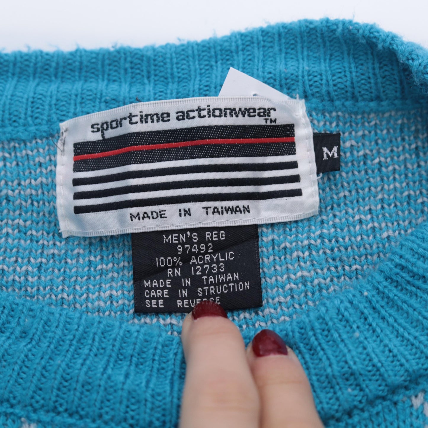 80s Geometric Knit Sweater Bright Blue Diamond Abstract Crewneck Medium M
