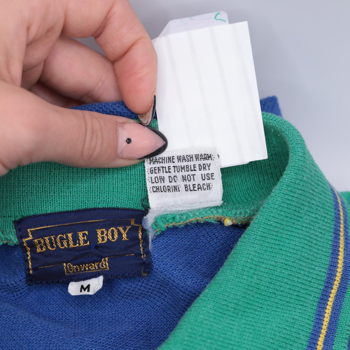 80s Bugle Boy Polo Shirt Colorblock Blue Green Raglan Medium
