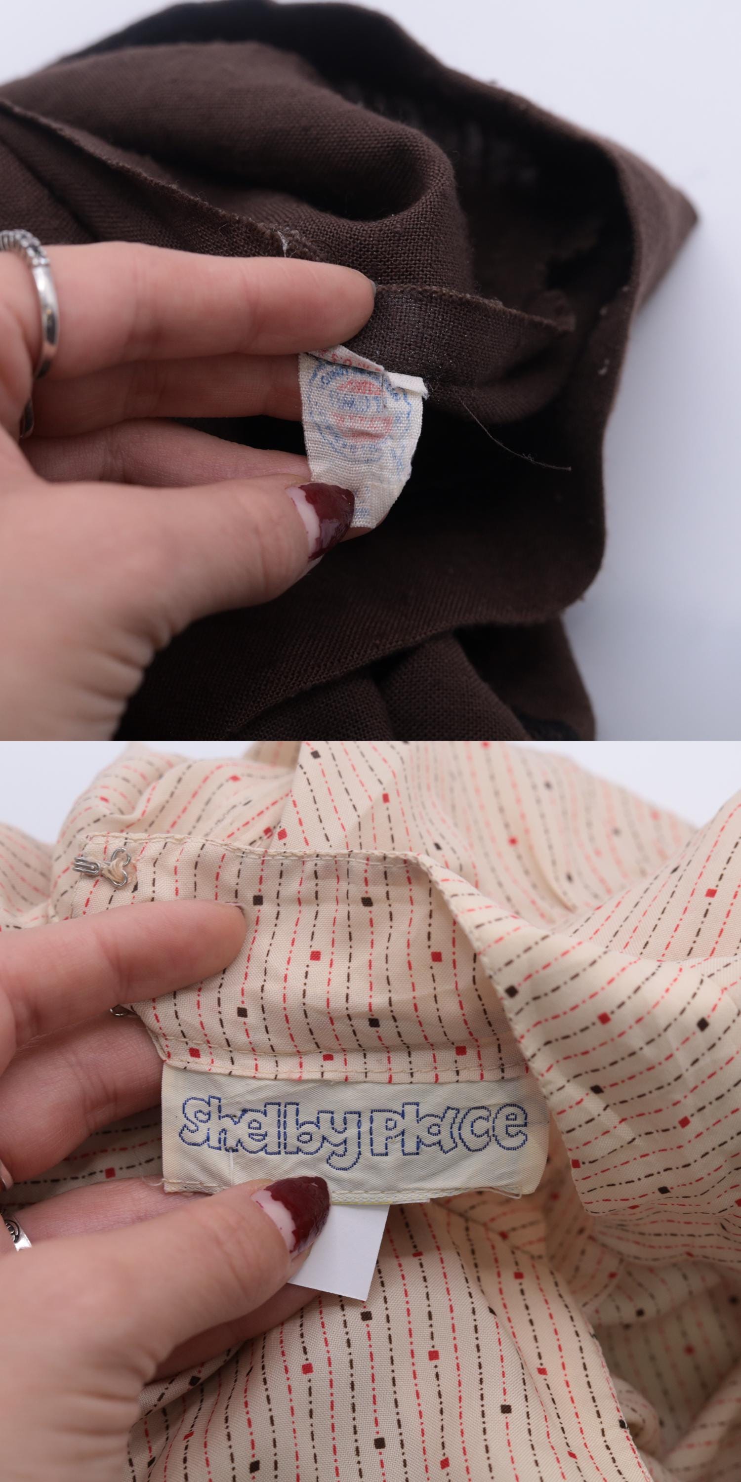 70s Beige Brown Dot Print Midi Dress High Elastic Waist V Neck Small