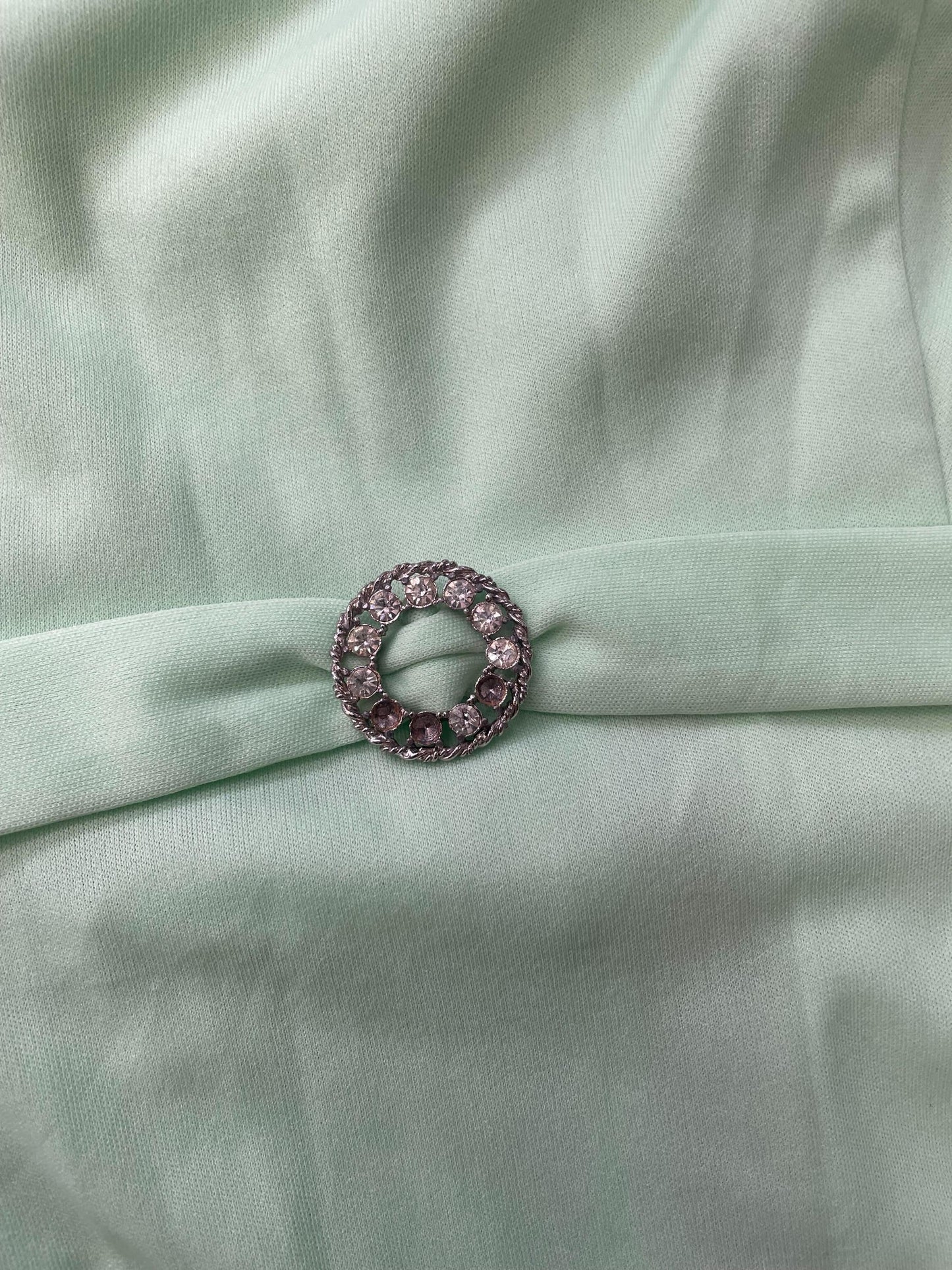 70s Mint Green Maxi Dress Embroidered Mesh Yoke Rhinestone Buckle Small