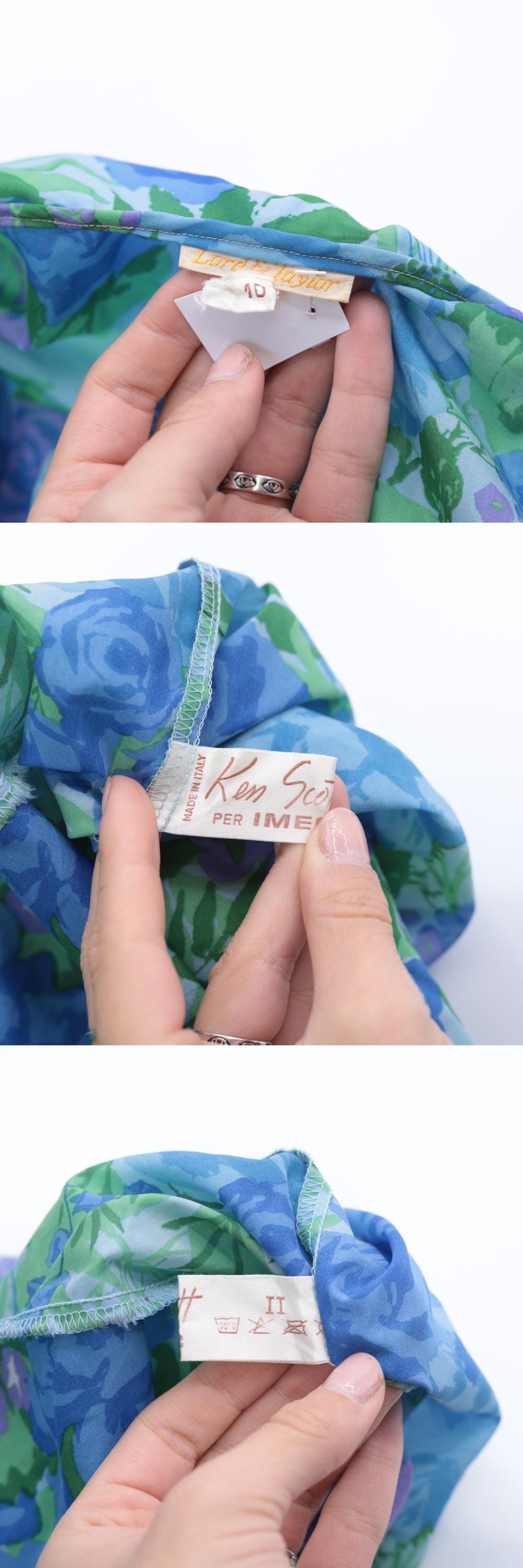 70s Lord & Taylor Floral Maxi Dress Blue Green Capelet Button Front Small