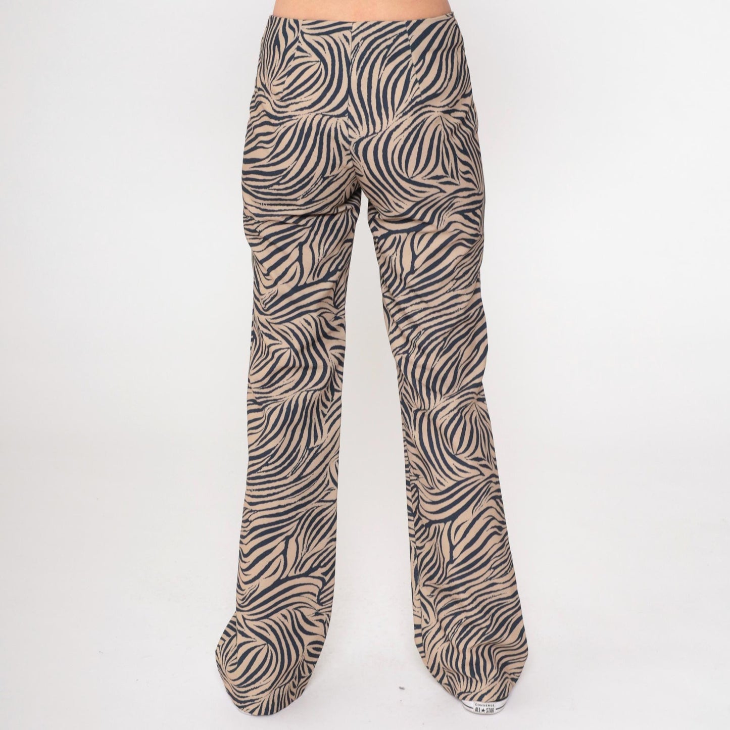Y2K Zebra Stripe Flared Pants Black Tan Mid Rise Front Zip Medium 9