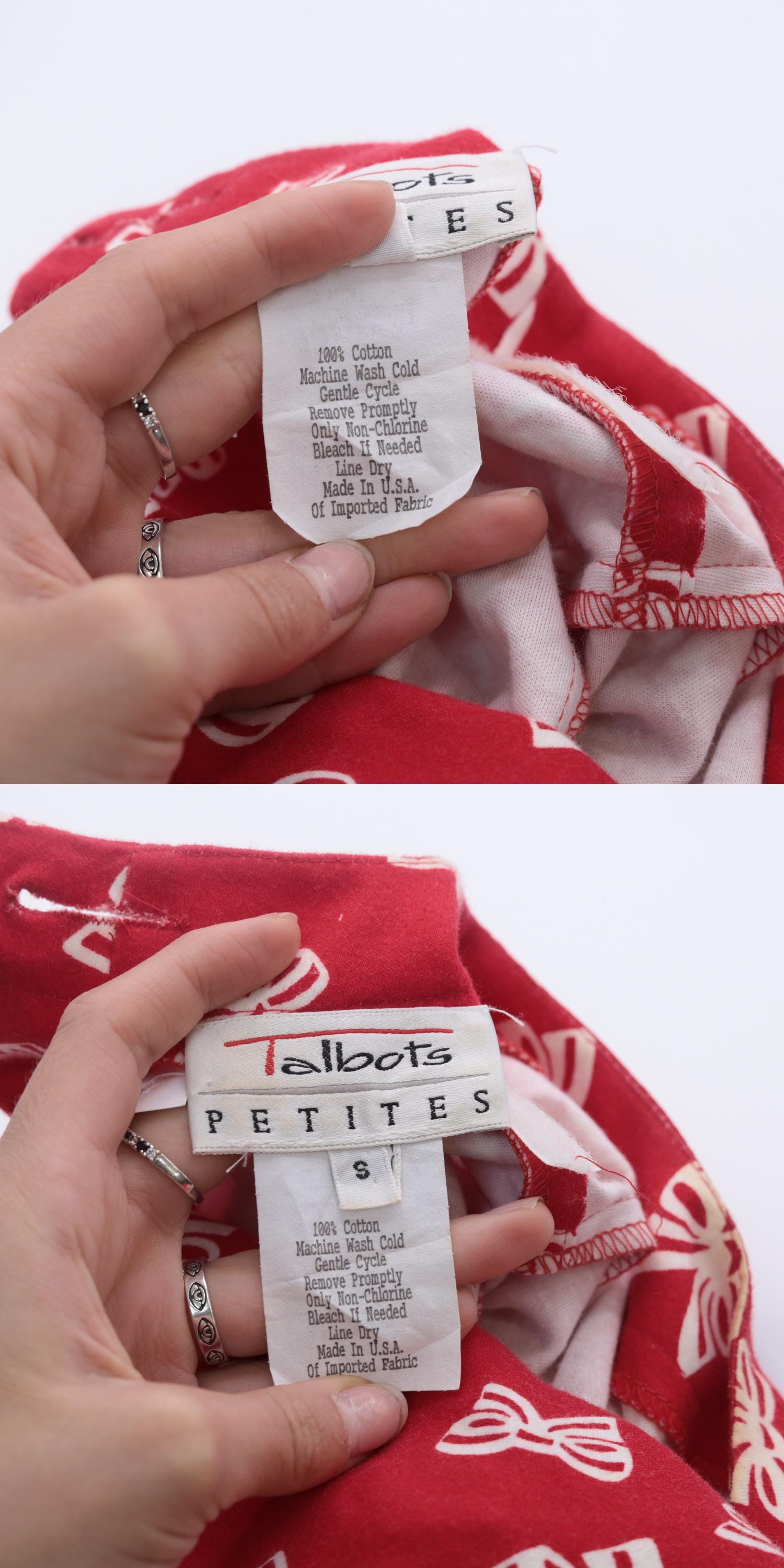 90s Talbots Red Bow Print Midi Dress Pleated Button Back Small