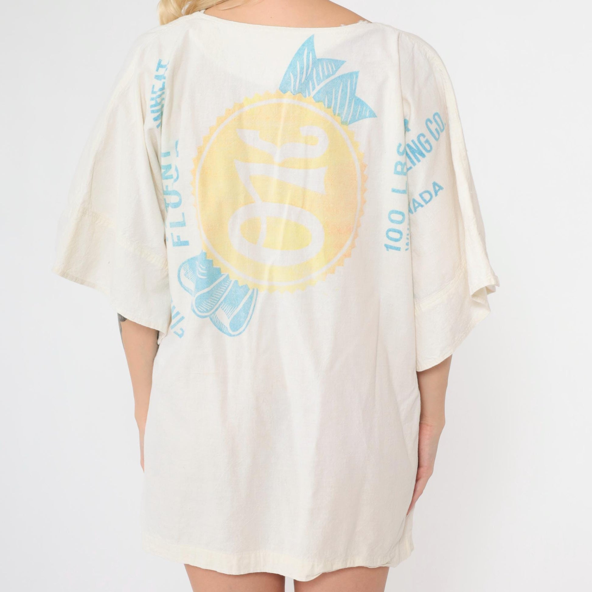 70s Brackman-Ker Milling Co Flour Sack Tunic Bell Sleeve V-Neck White Medium Large
