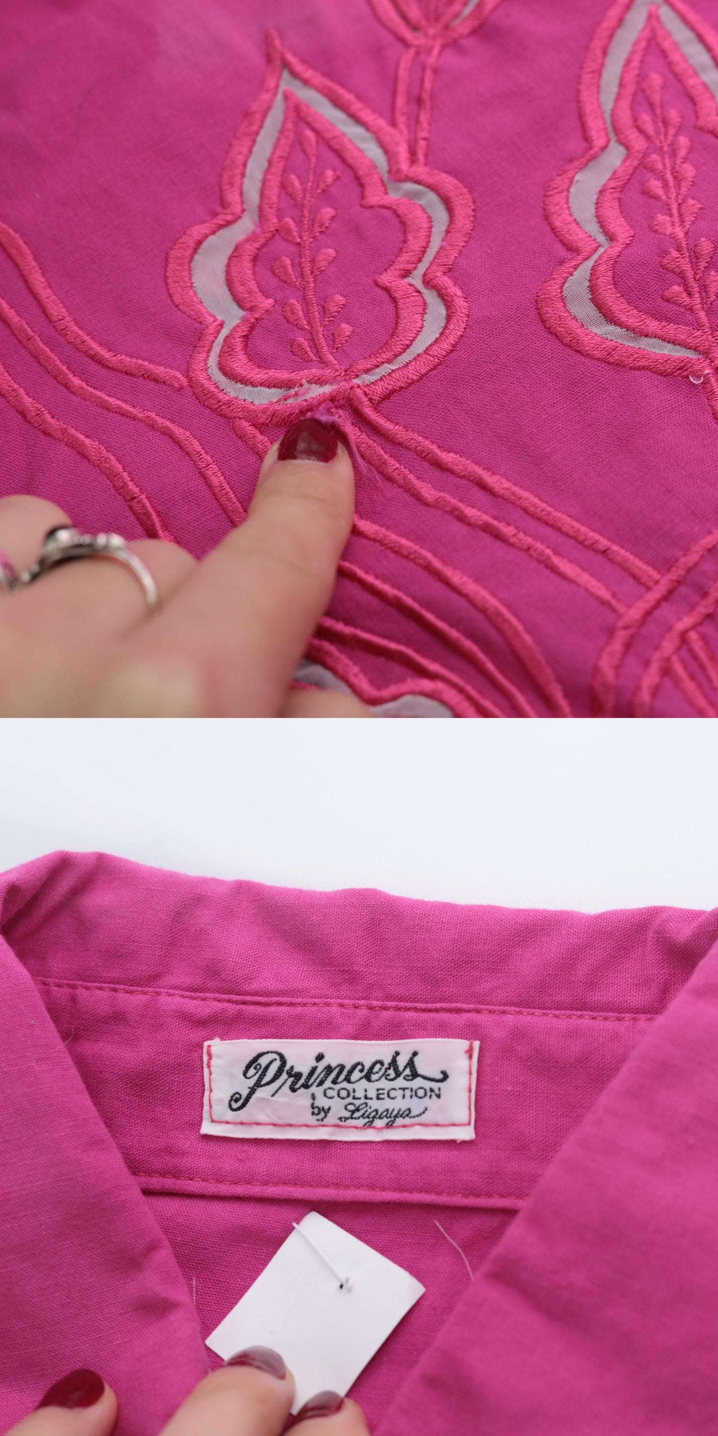 90s Pink Floral Embroidered Cutout Crop Blouse Button Up Medium Large