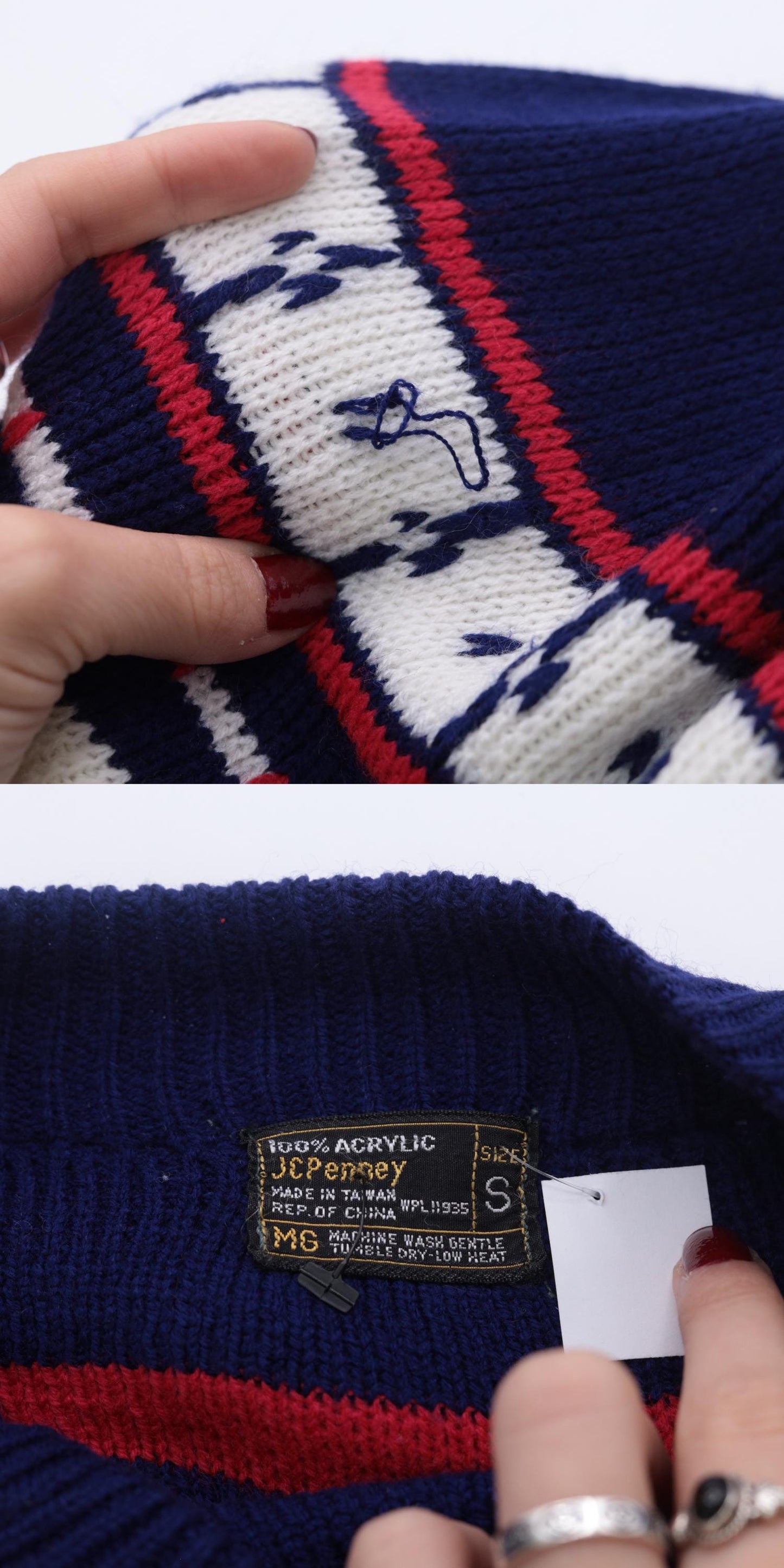 70s Nordic Yoke Sweater Navy Red White Geometric Knit Pullover Medium