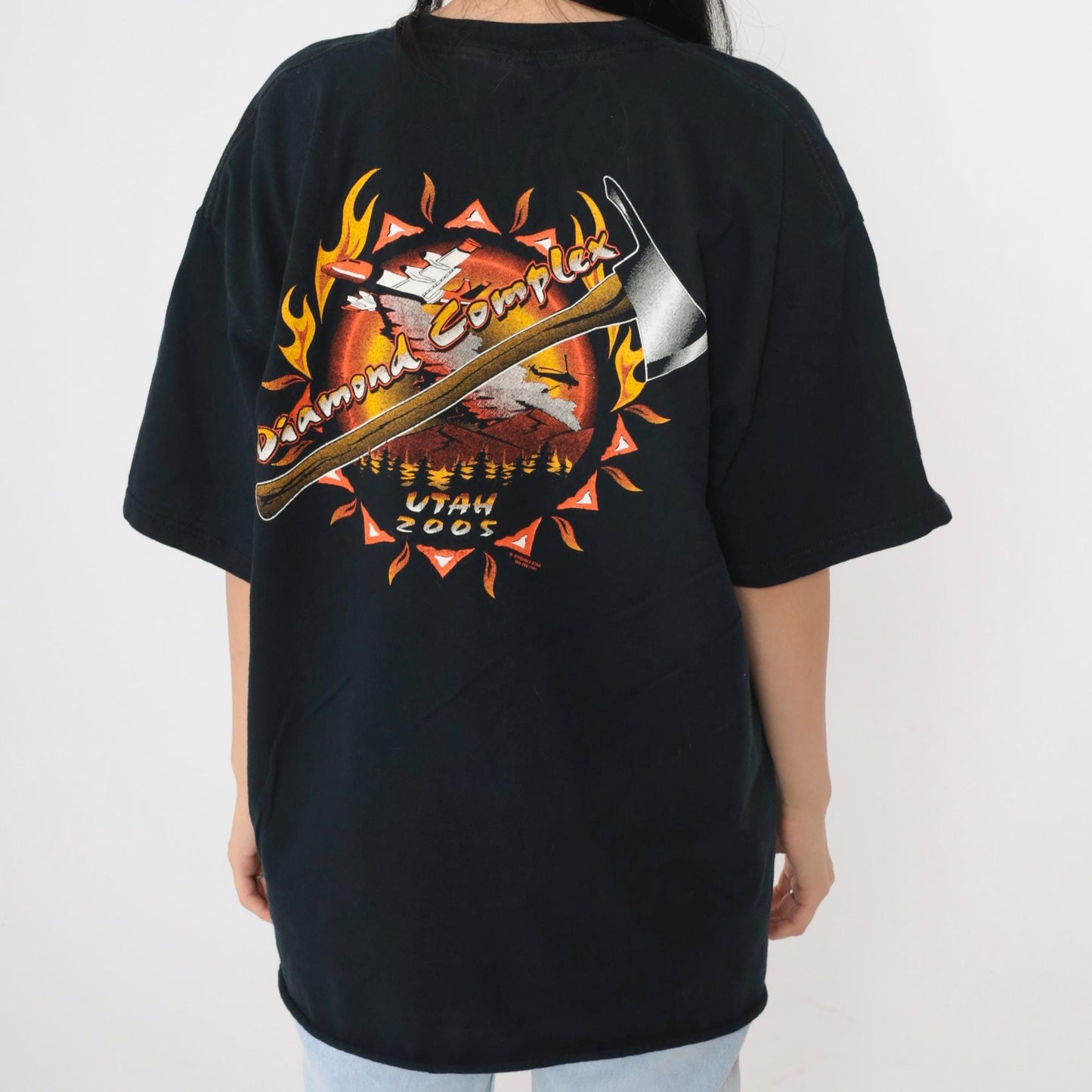 2000s Diamond Complex Firefighter Wildfire Graphic T-Shirt Black Extra Large