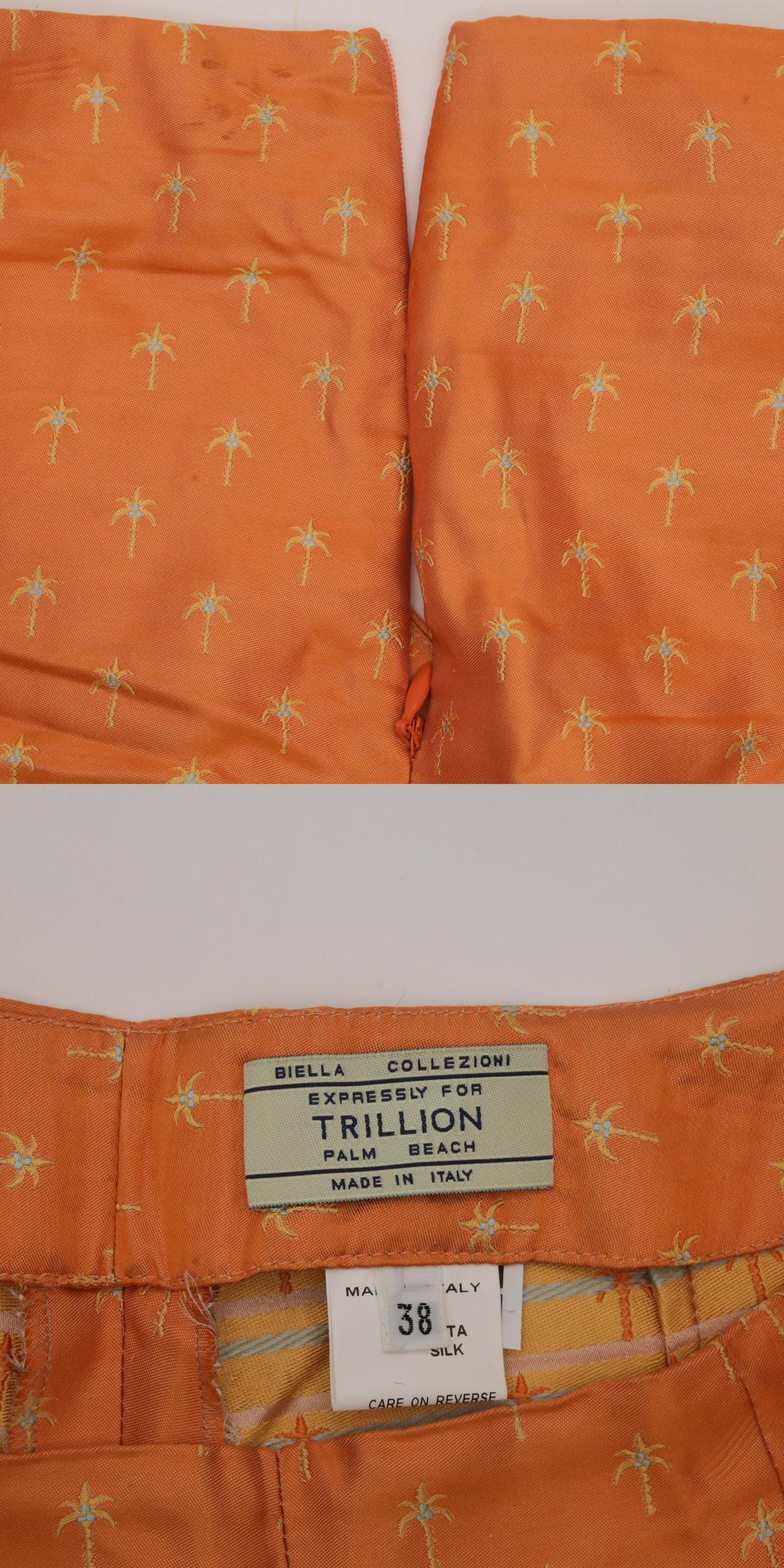 Biella Collezioni Silk Pants Orange Palm Tree Print High Waist Italy Extra Small XS