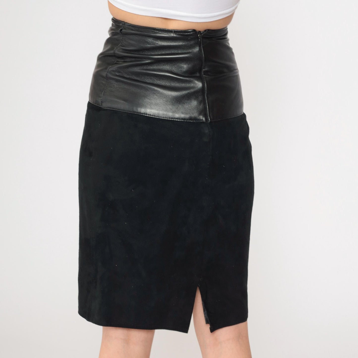 90s Black Leather Suede Mini Pencil Skirt High Rise Rear Zip Extra Small