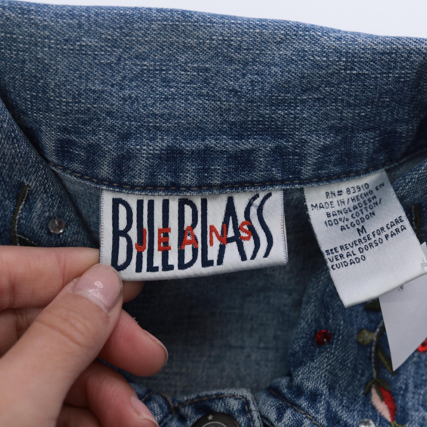 90s Bill Blass Floral Embroidered Denim Vest Blue Rhinestone Medium