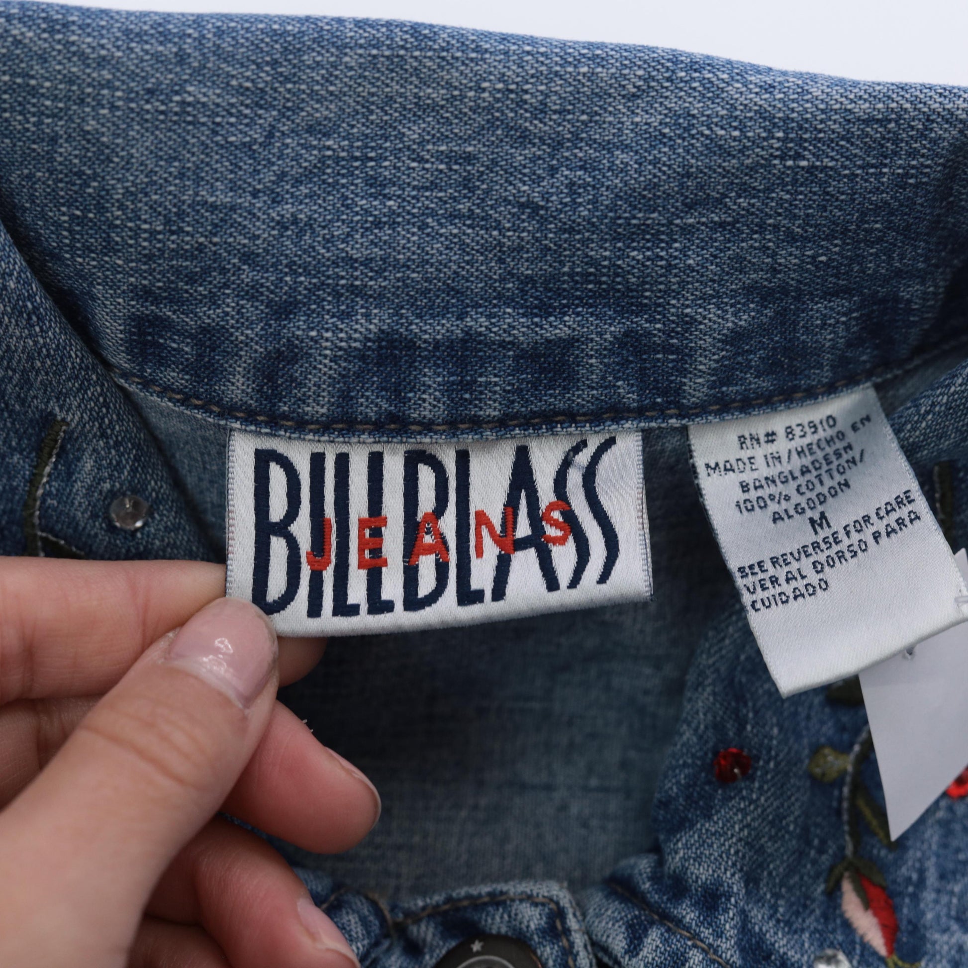 90s Bill Blass Floral Embroidered Denim Vest Blue Rhinestone Medium