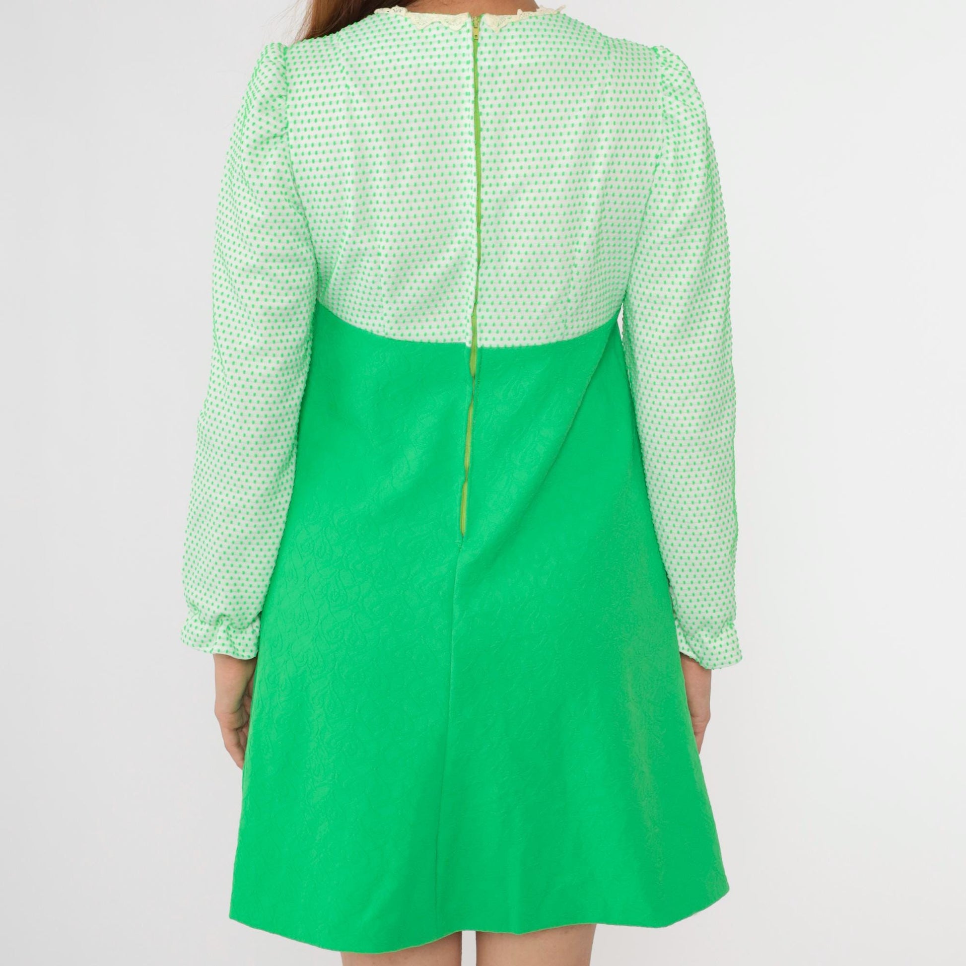 70s Bright Green Polka Dot Mini Dress Empire Waist Puff Sleeve Medium