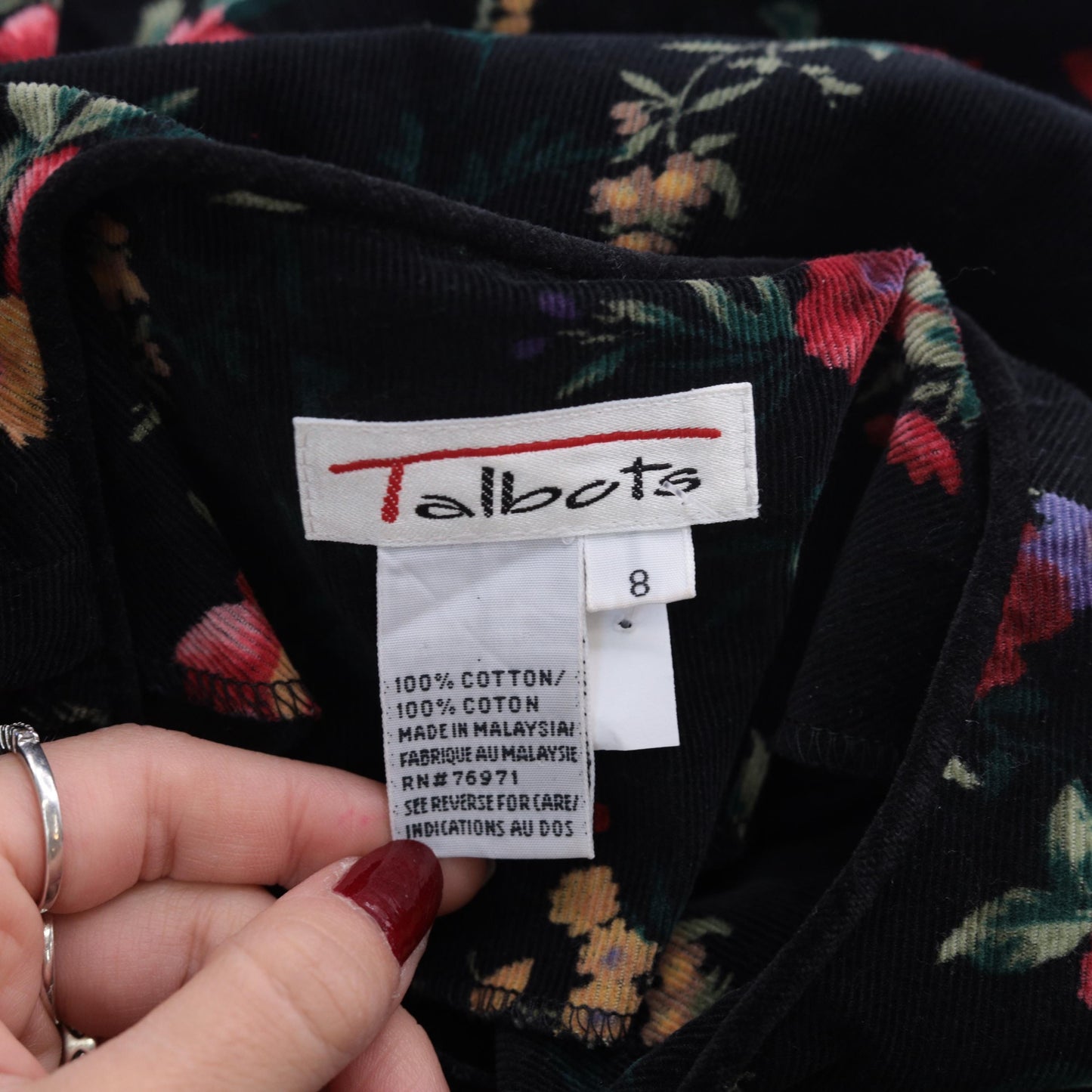 90s Talbots Floral Corduroy Midi Dress Black Button-Up High Waist Medium