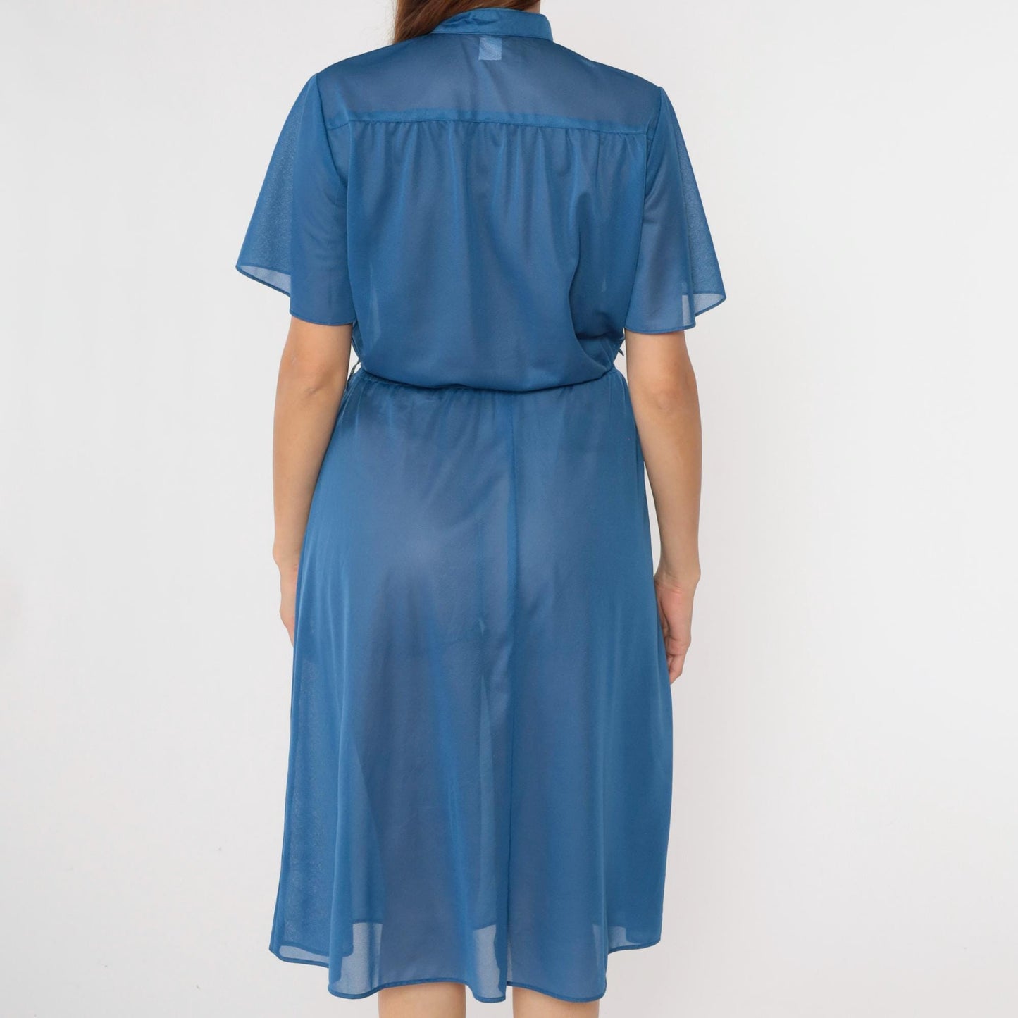 70s Blue Semi-Sheer Midi Shirtdress Flutter Sleeve Button-Up High Waisted Small Medium