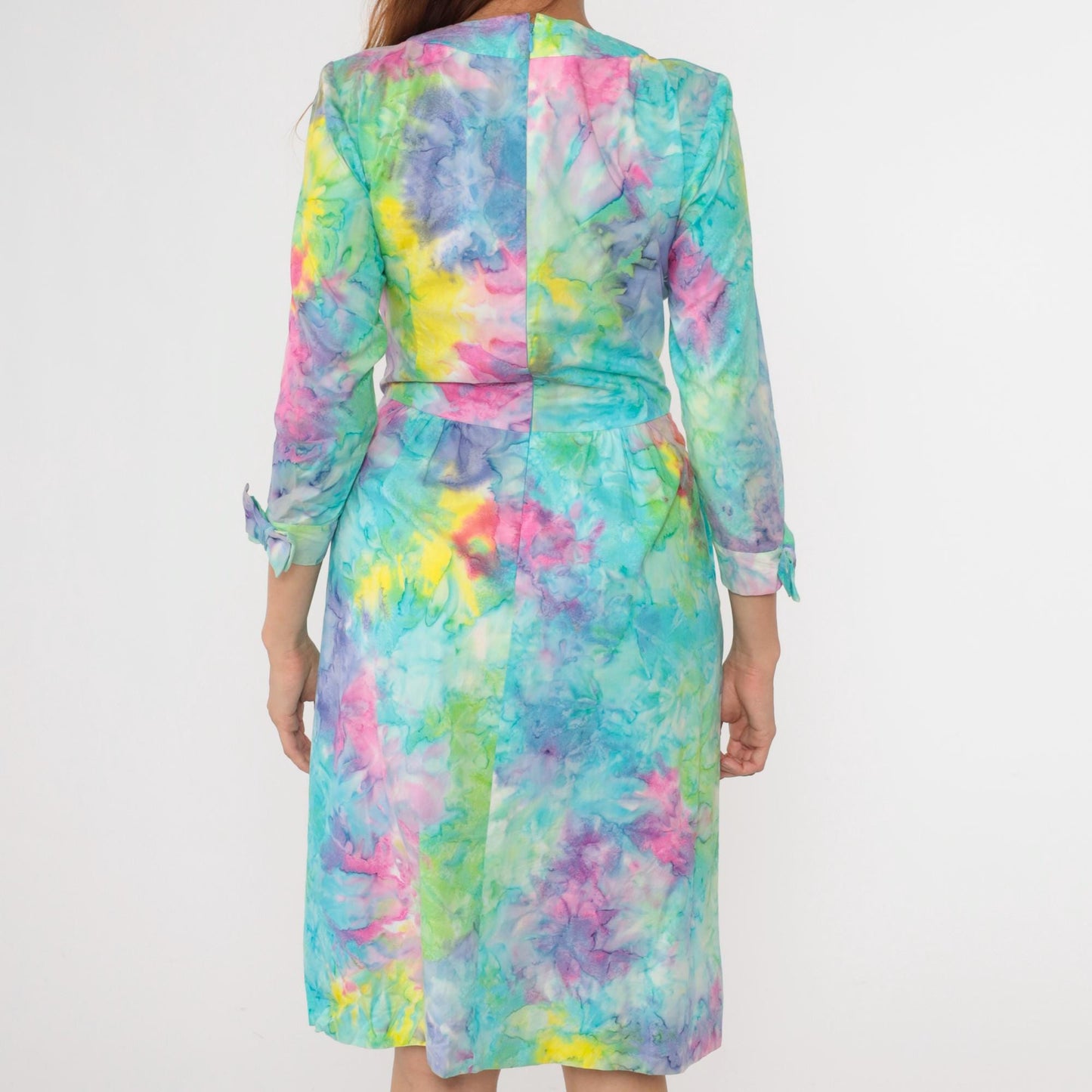 70s Tie Dye Dress High Waist Bow 3/4 Sleeve Midi Blue Green Pink Small