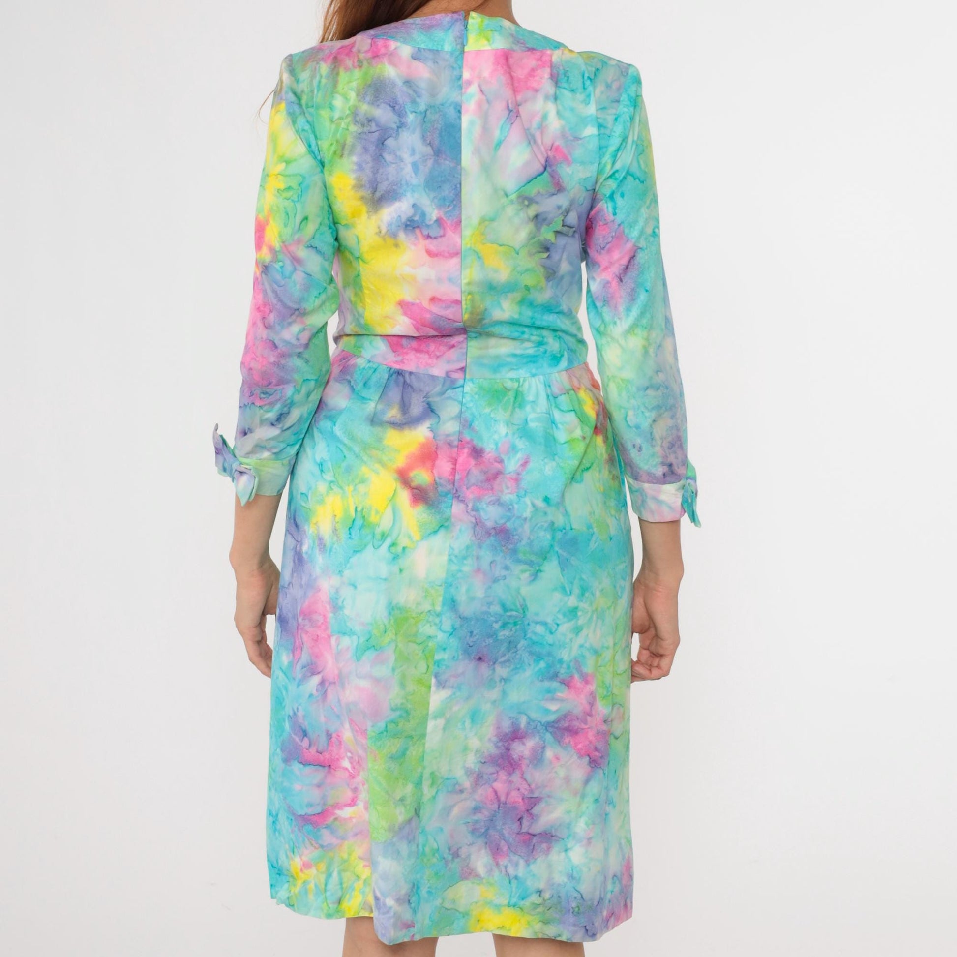 70s Tie Dye Dress High Waist Bow 3/4 Sleeve Midi Blue Green Pink Small