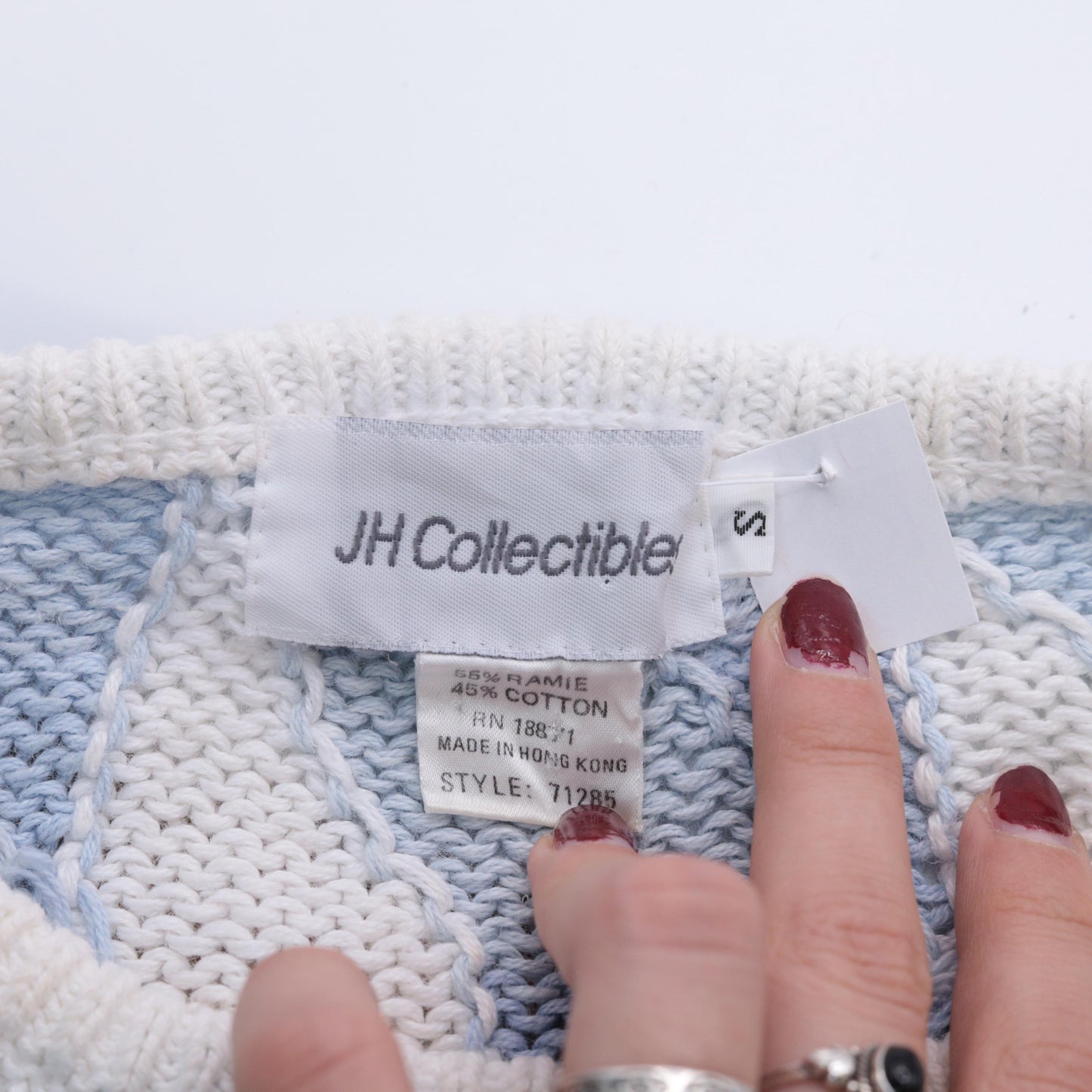 80s JH Collectibles Geometric Knit Sweater Light Blue White Crew Neck Small