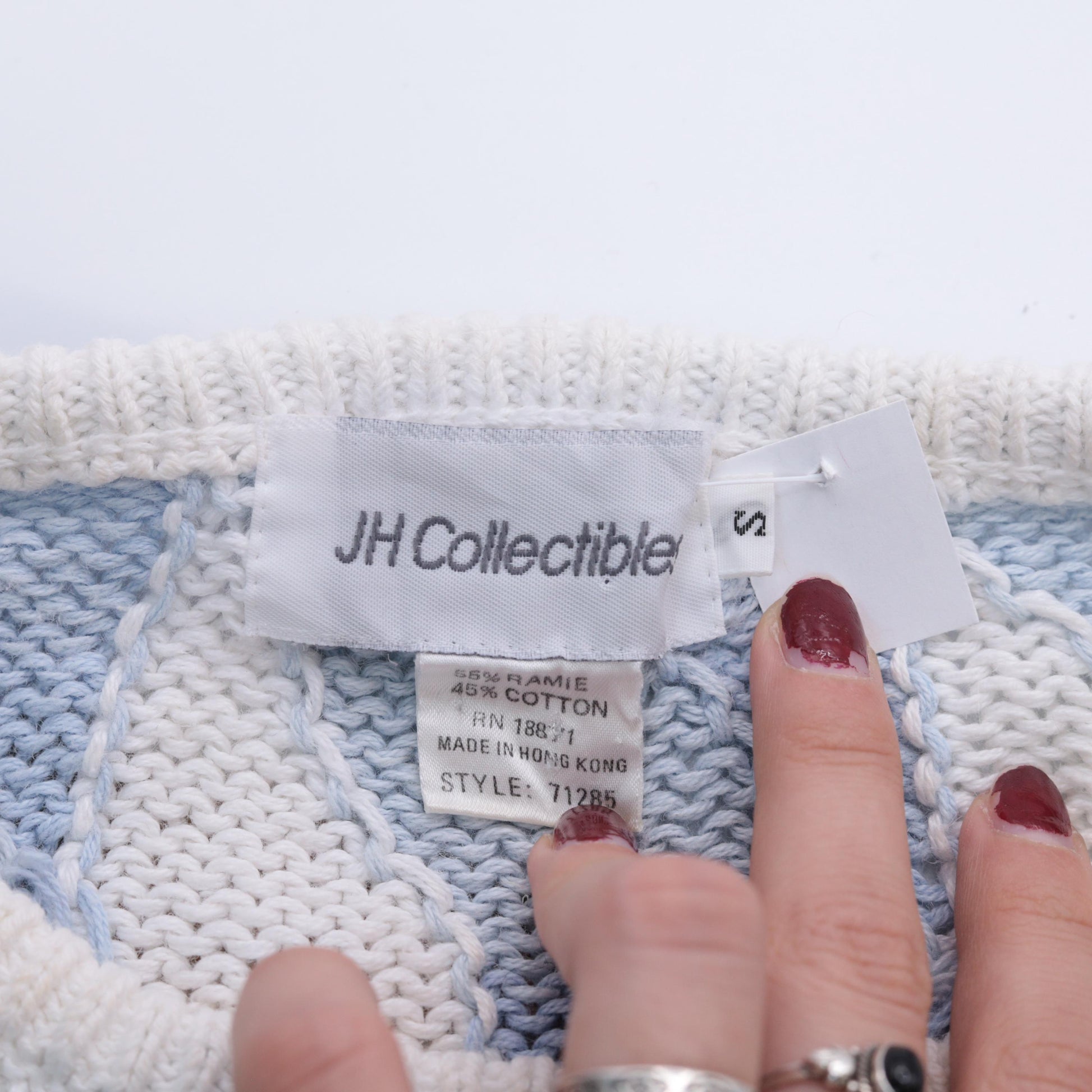 80s JH Collectibles Geometric Knit Sweater Light Blue White Crew Neck Small