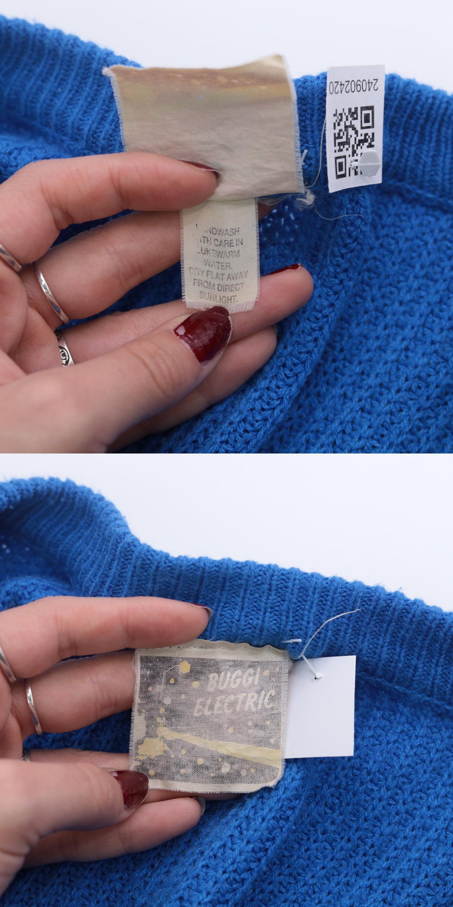 80s Buggi Electric Blue V-Neck Ribbed Knit Sweater Pockets Large