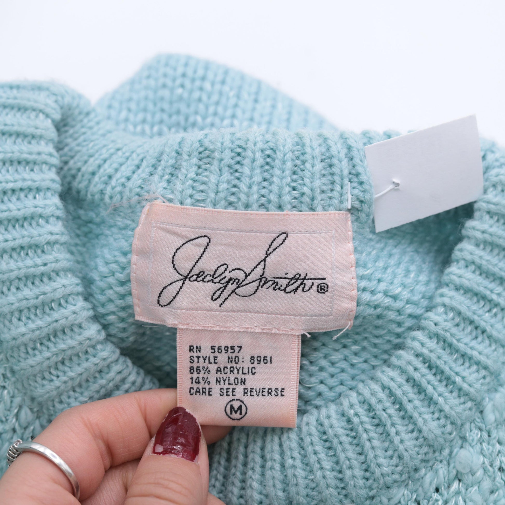 80s Jacelyn Smith Seafoam Knit Sweater Pearl Beaded Floral Chevron Medium