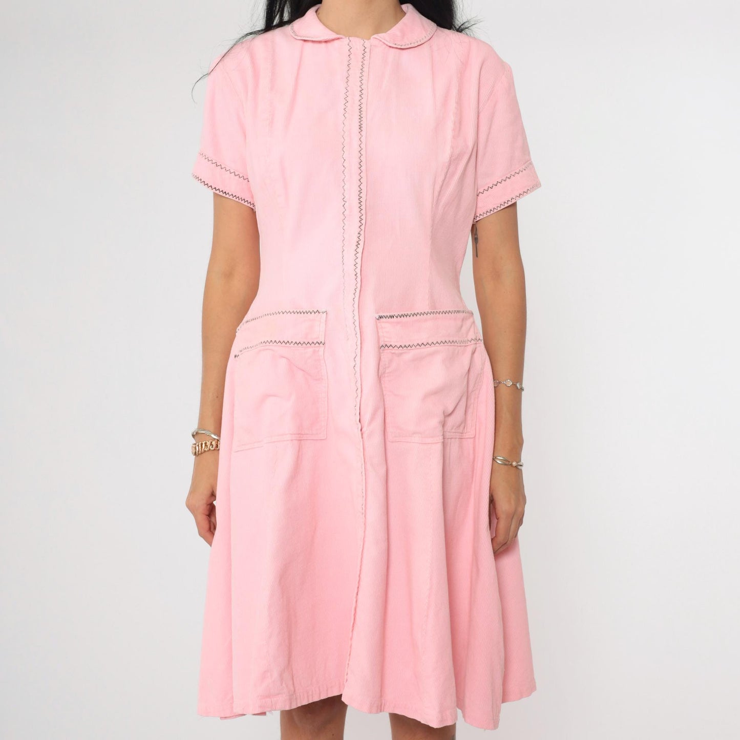 60s Pink Corduroy Mini Dress Peter Pan Collar A-Line Shift Pockets Medium