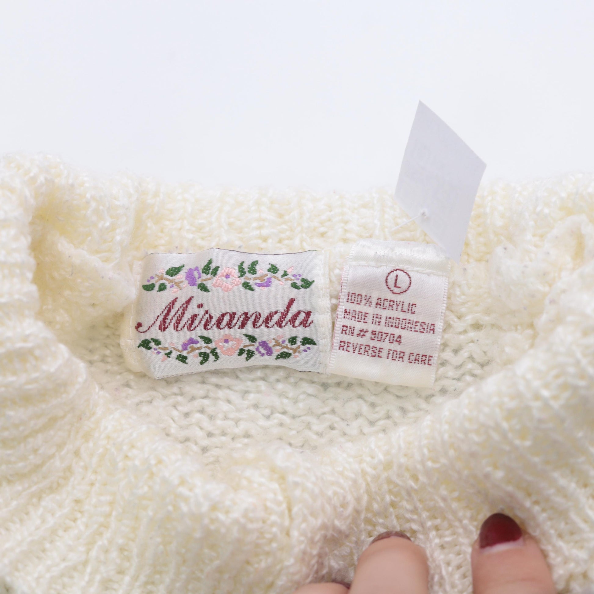 80s Miranda Cable Knit Sweater Cream Mock Neck Pearl Buttons Large L