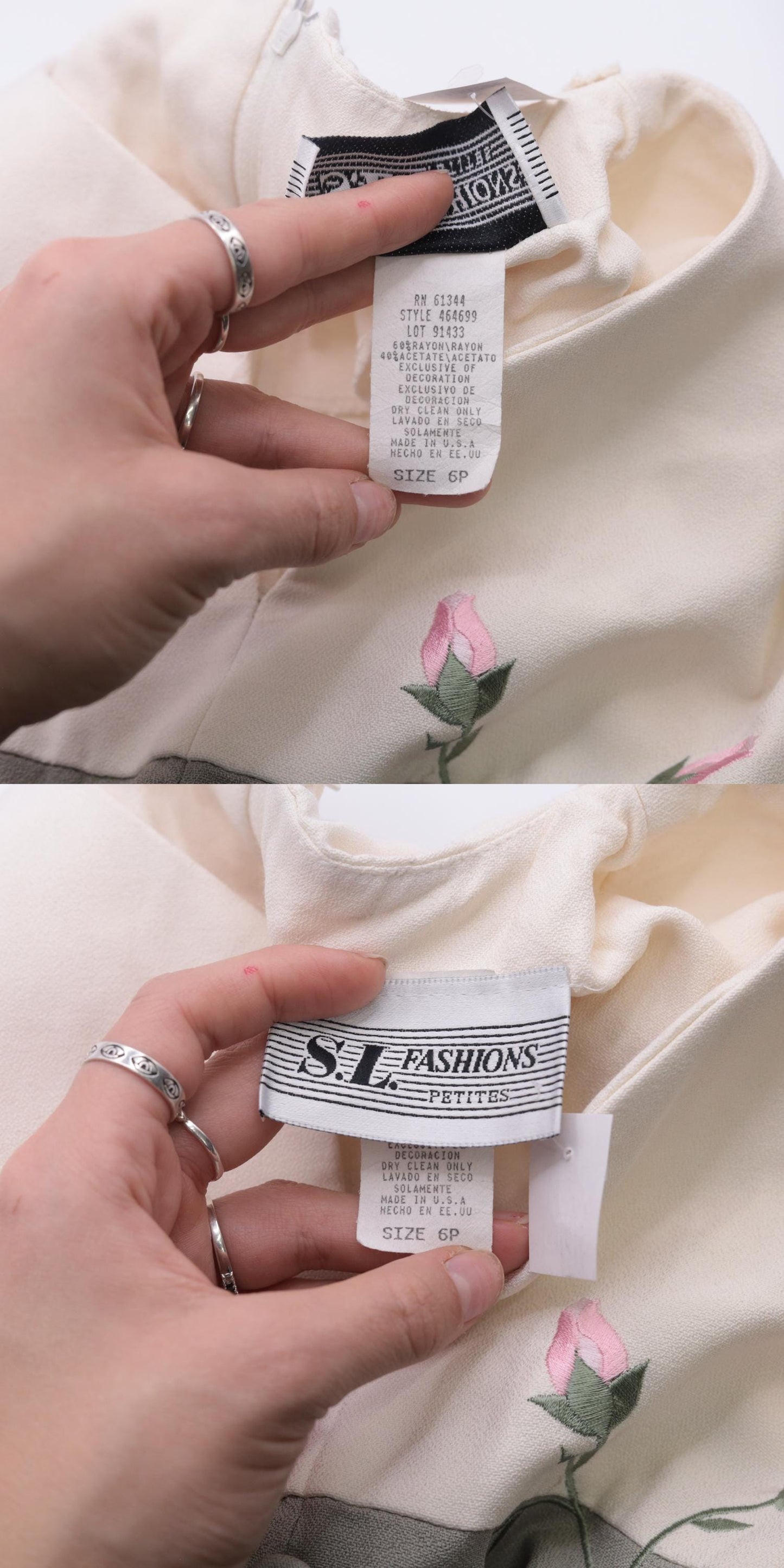 90s S.L. Fashion Petites Sage Floral Embroidered Mini Shirtdress Small