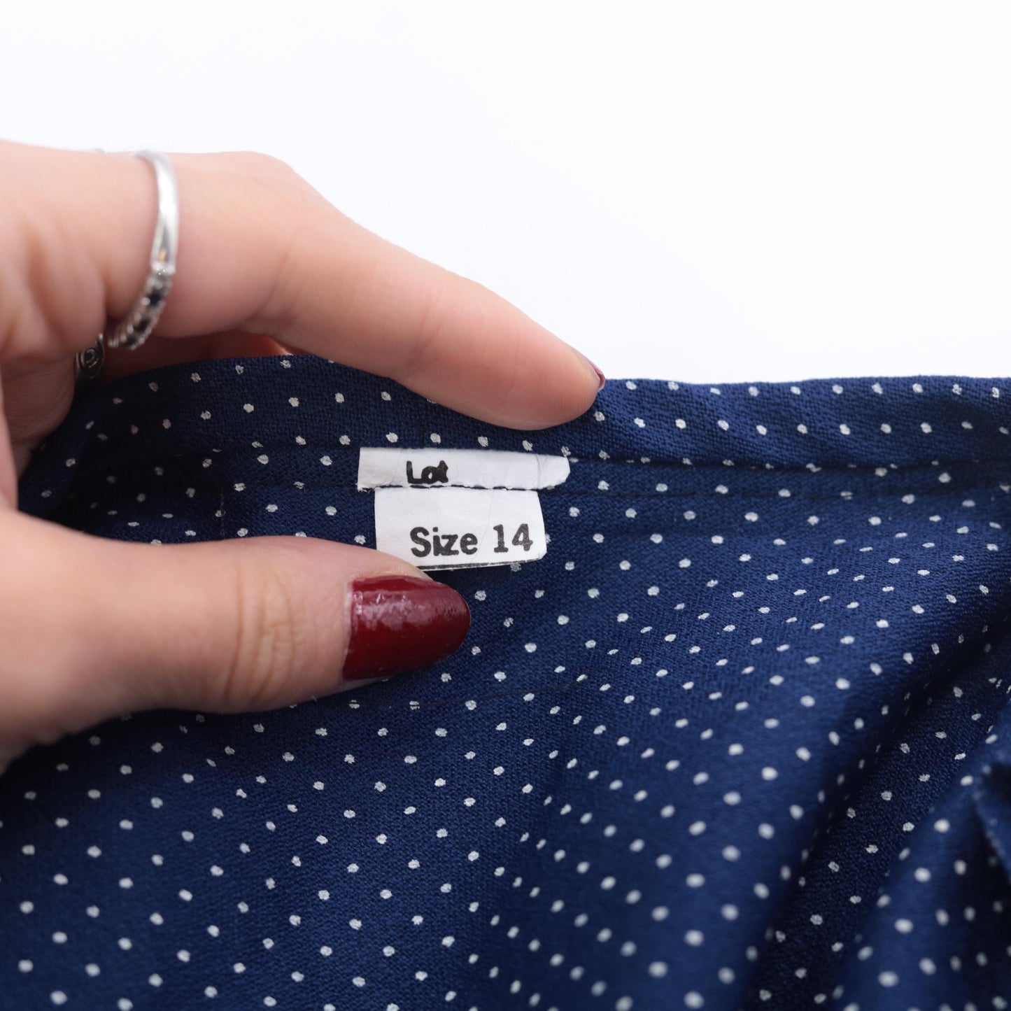70s Polka Dot Midi Dress Blue White Keyhole Tie Neck High Waisted Medium