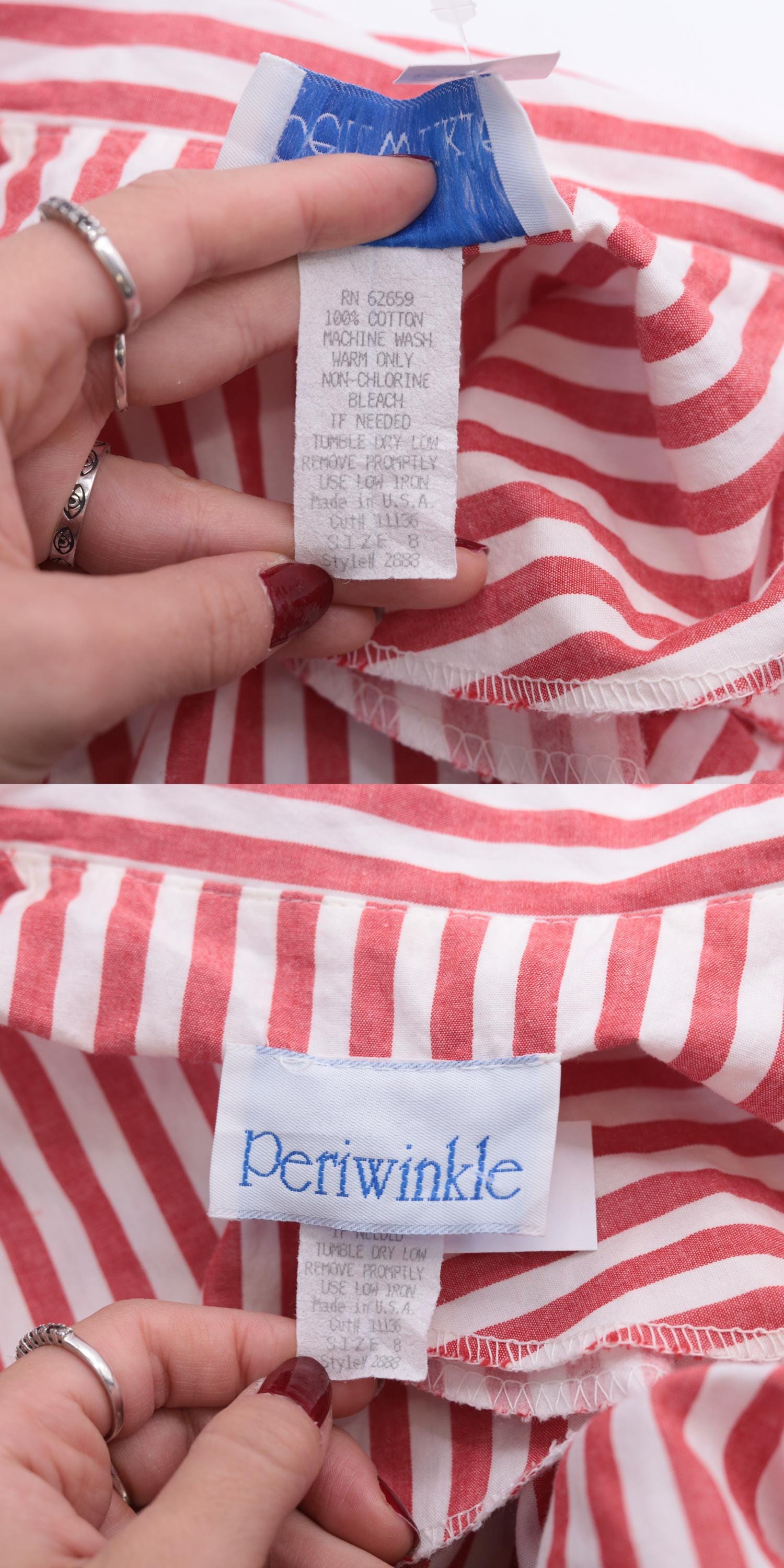 90s Red White Striped Cotton Midi Shirtdress Double Breasted High Waist Small Medium
