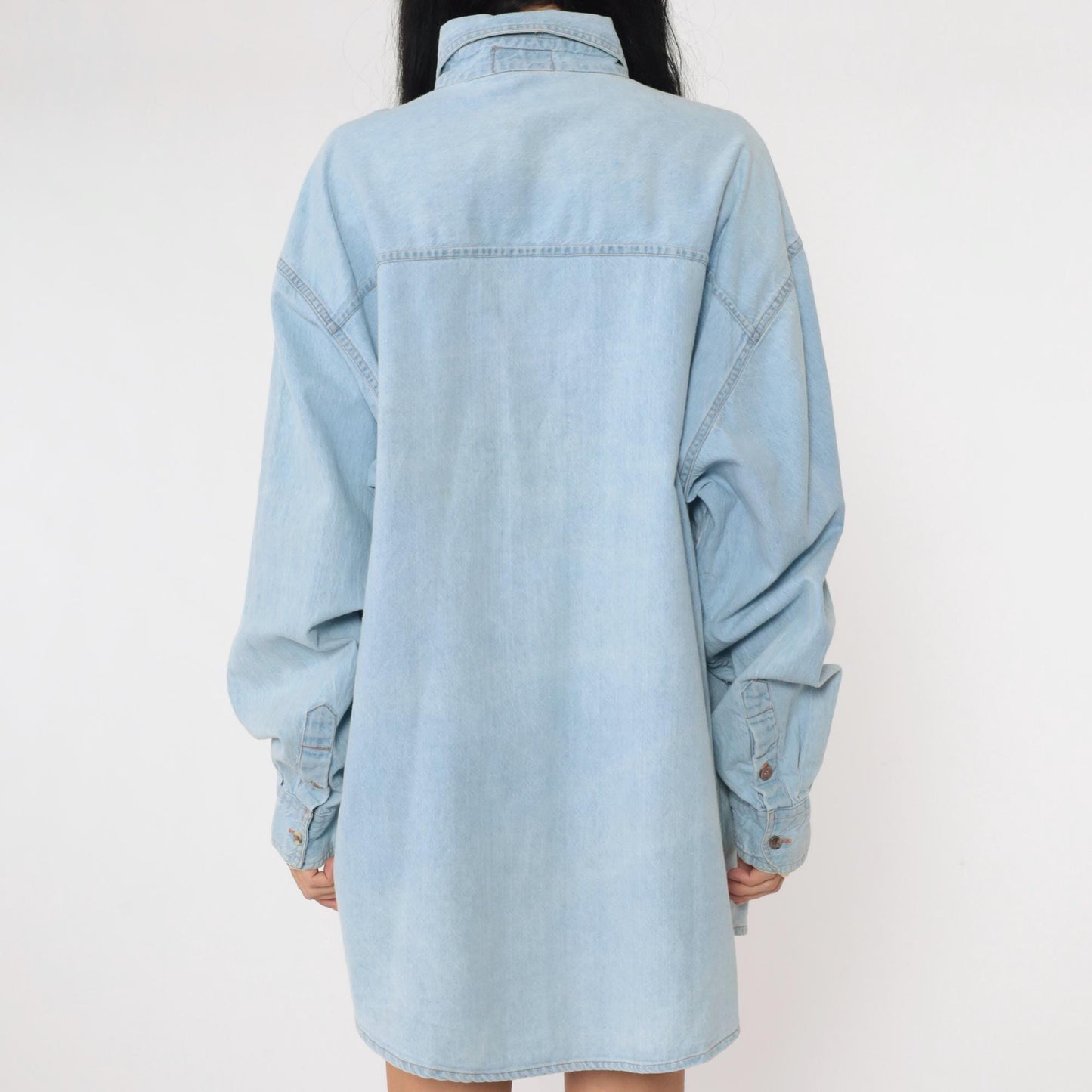 90s Hand Painted Floral Denim Button Up Shirt Blue Plus Size XXL