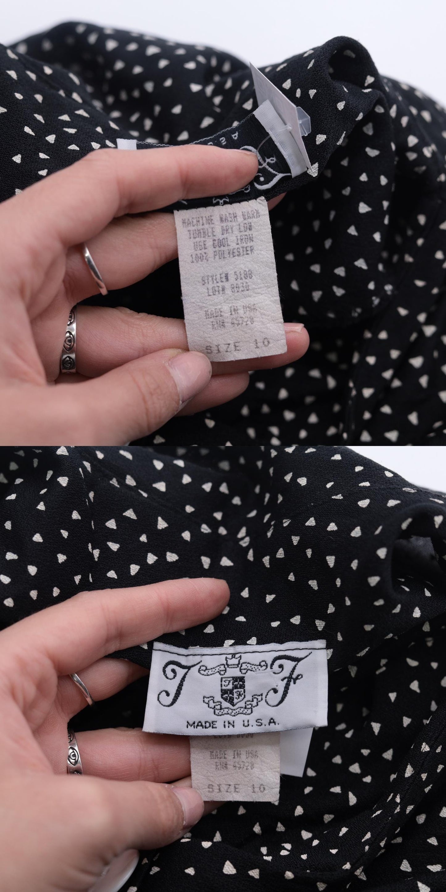 80s Black White Polka Dot Midi Dress Puff Sleeve Shift Ruffle Hem Medium