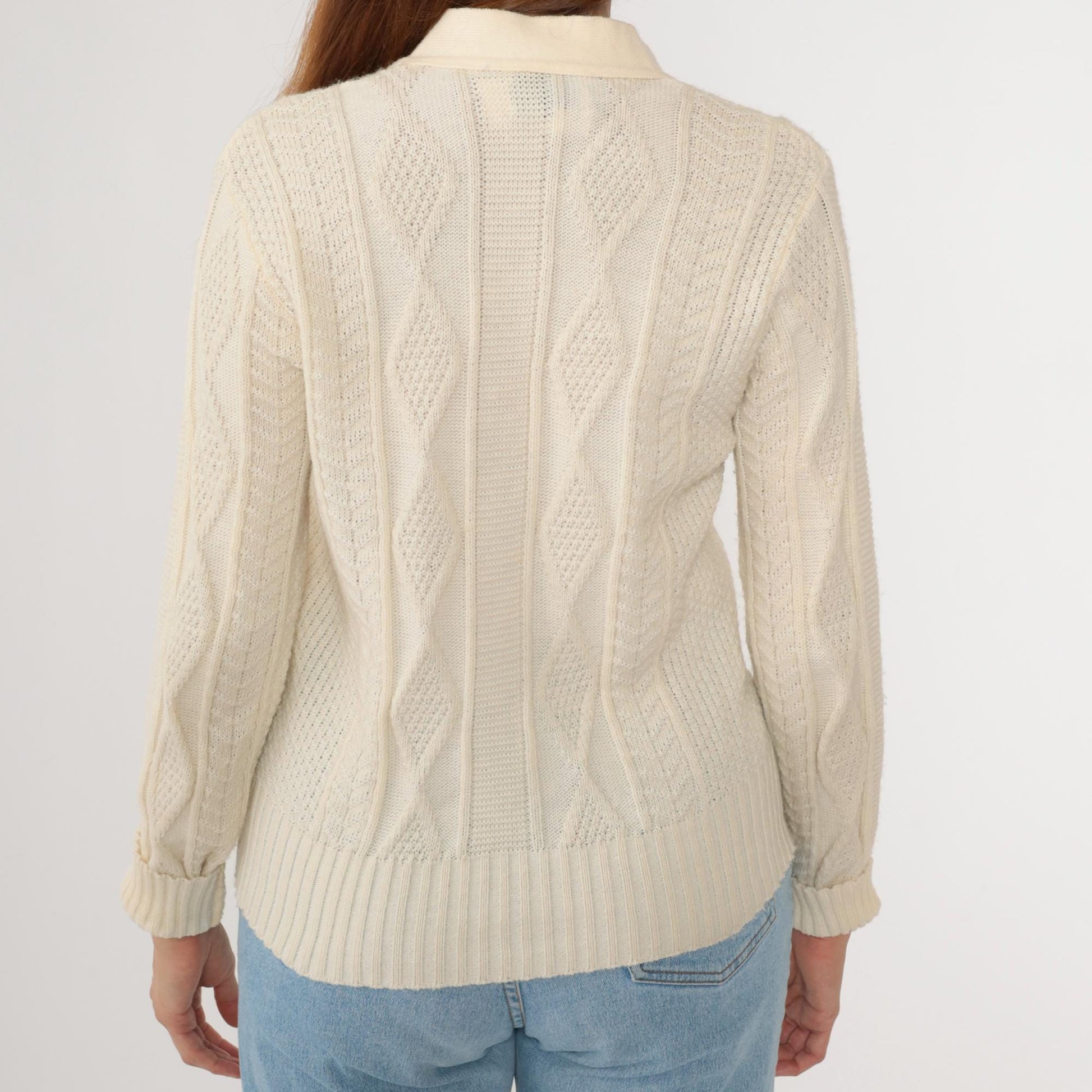 70s Fishers Castleton Cream Cardigan Diamond Knit V-Neck Button-Up Small