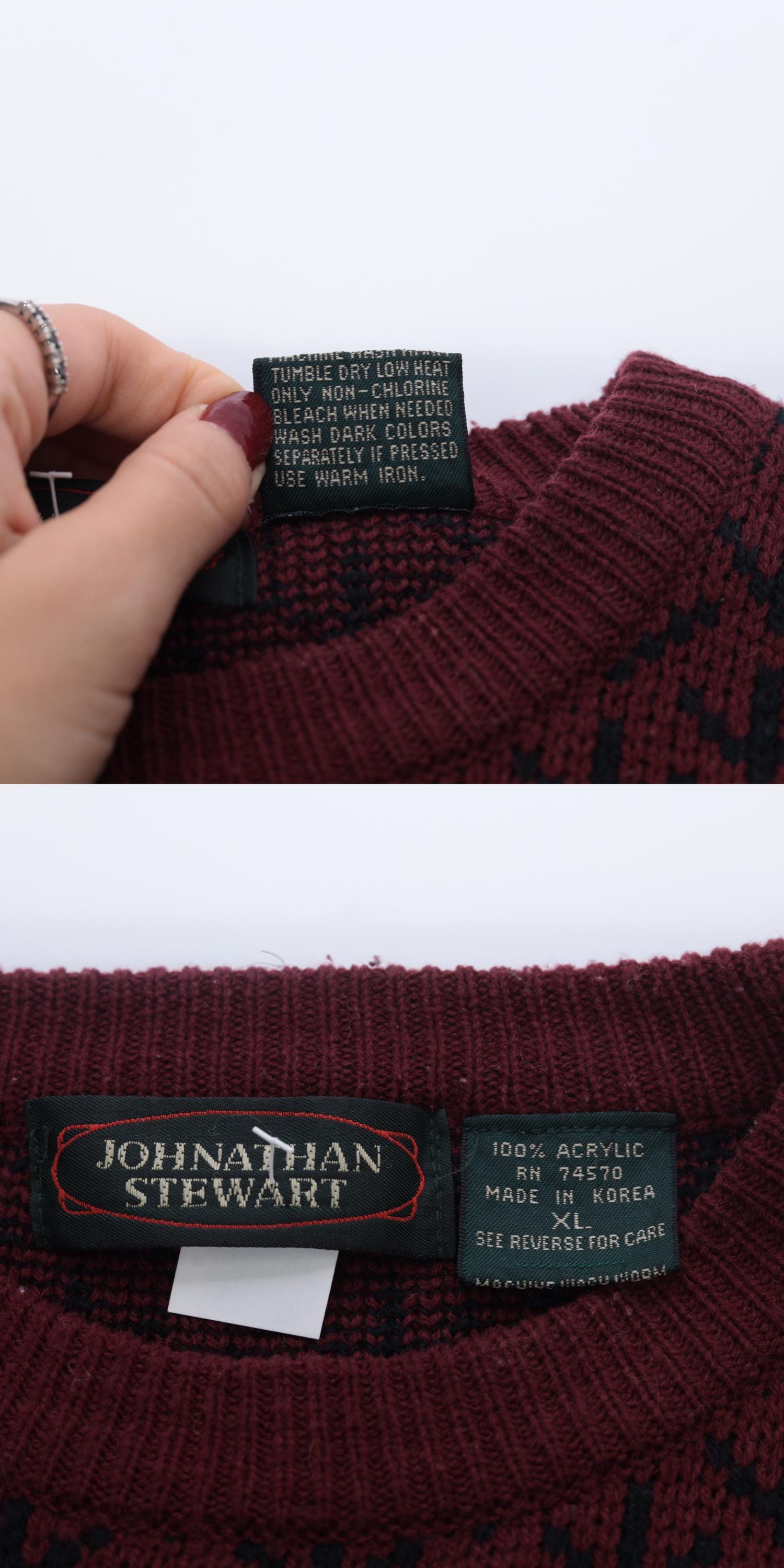90s Fair Isle Sweater Maroon Black White Geometric Knit Pullover Extra Large