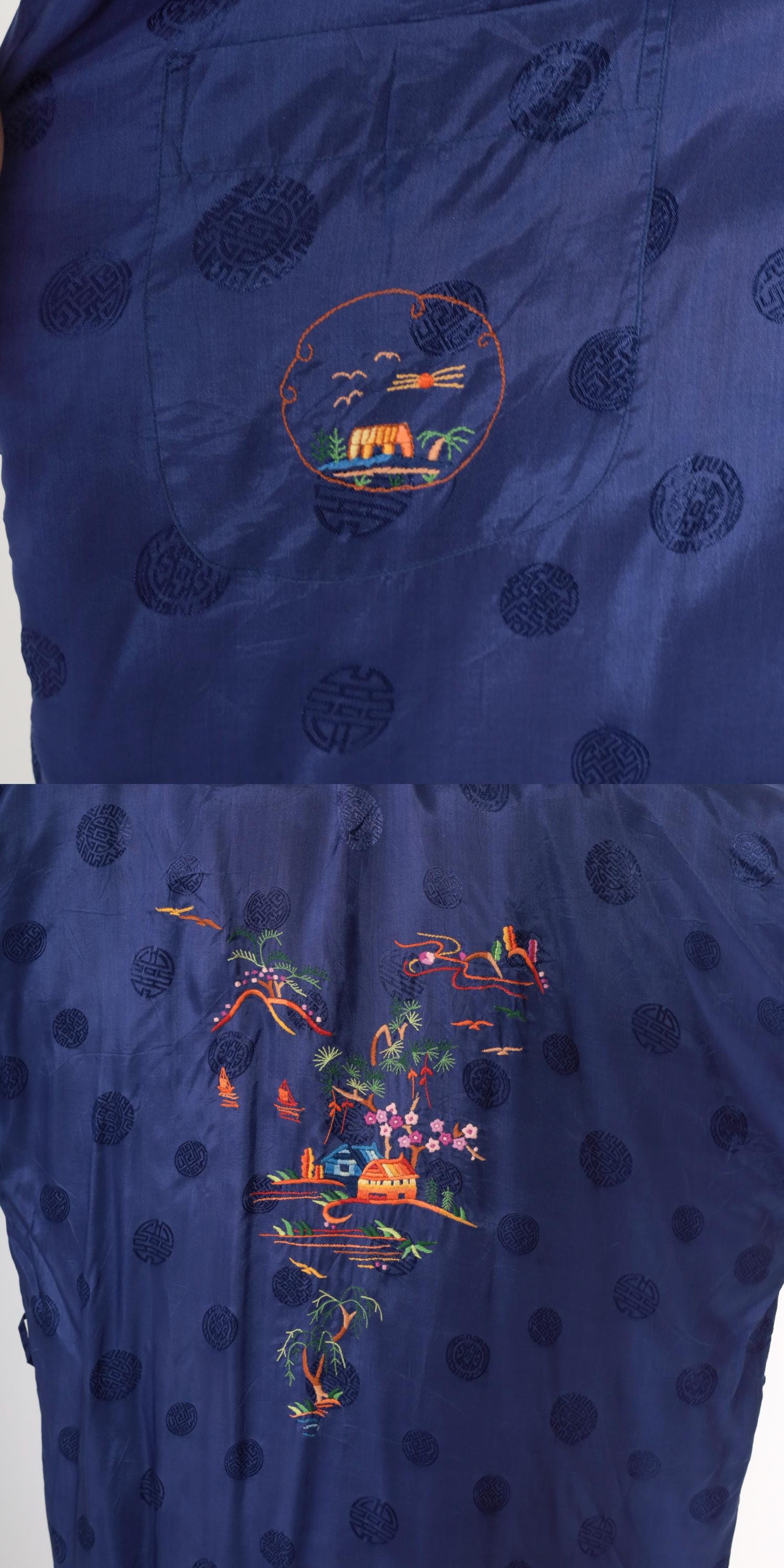 80s Dark Blue Embroidered Japanese Village Kimono Robe Maxi Wrap Extra Large
