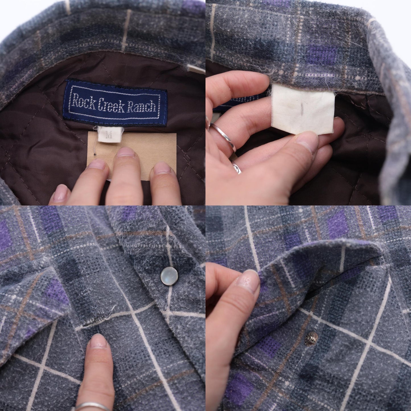 90s Rock Creek Ranch Pearl Snap Flannel Shirt Grey Purple Plaid Medium