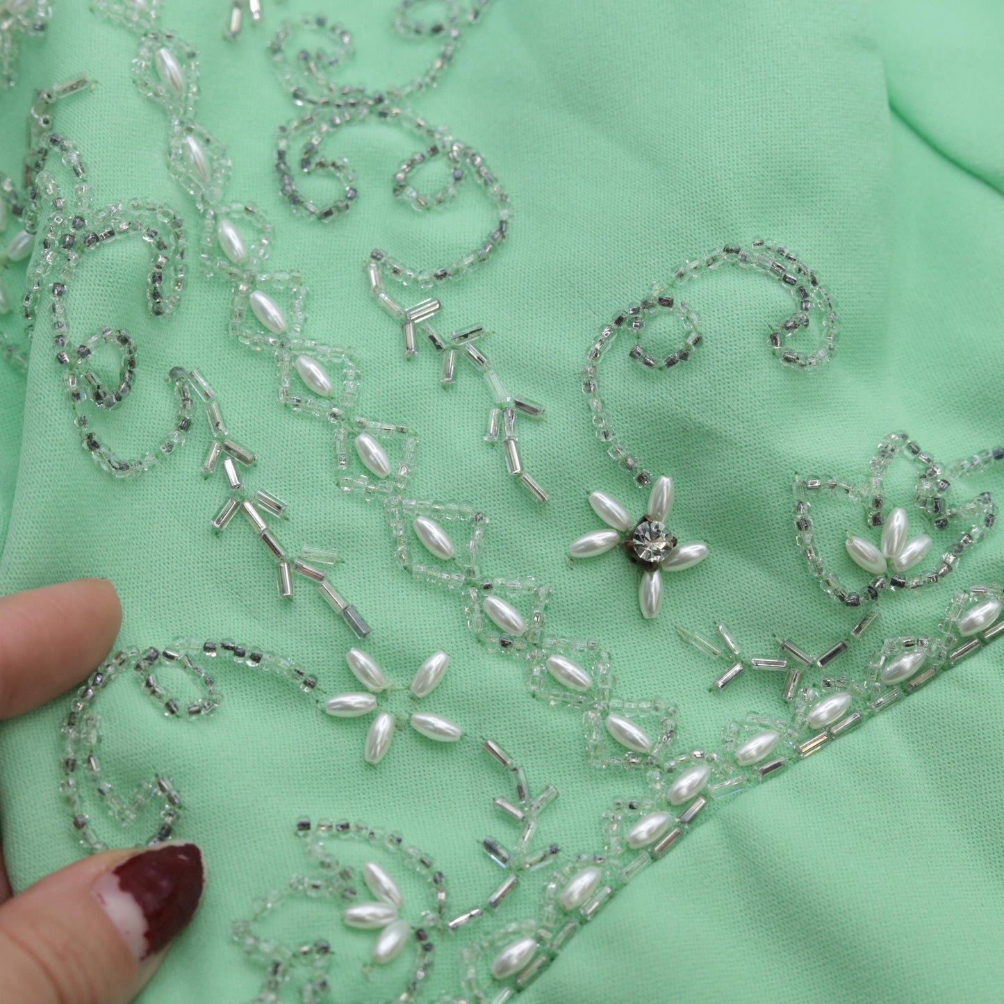 60s Mint Green Beaded Empire Waist Mini Dress Rhinestone Scoop Neck Medium