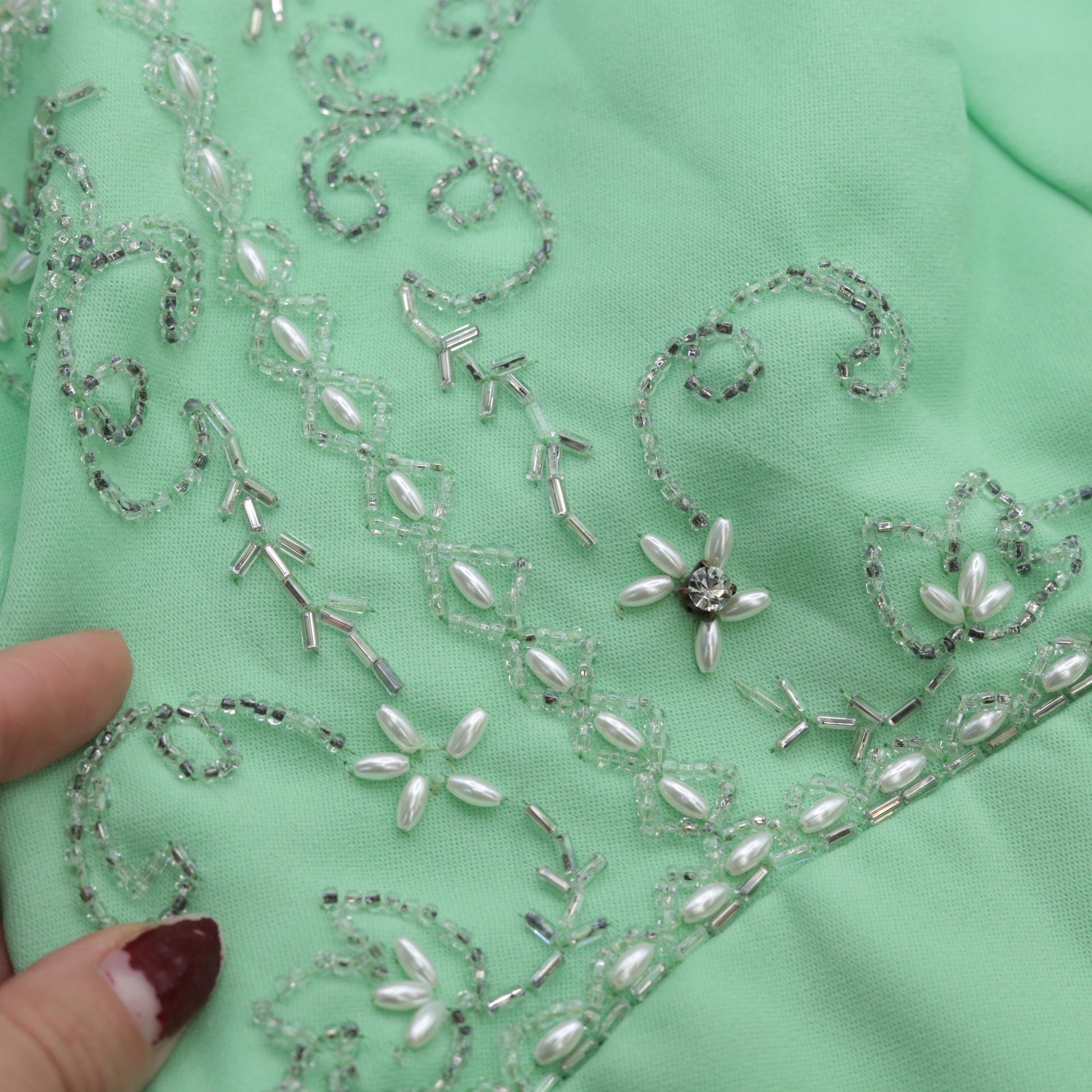60s Mint Green Beaded Empire Waist Mini Dress Rhinestone Scoop Neck Medium