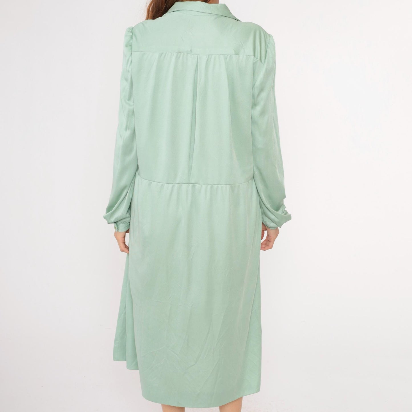 70s Light Green Midi Shirtdress Button-Up High Waisted Collared Long Sleeve Extra Large