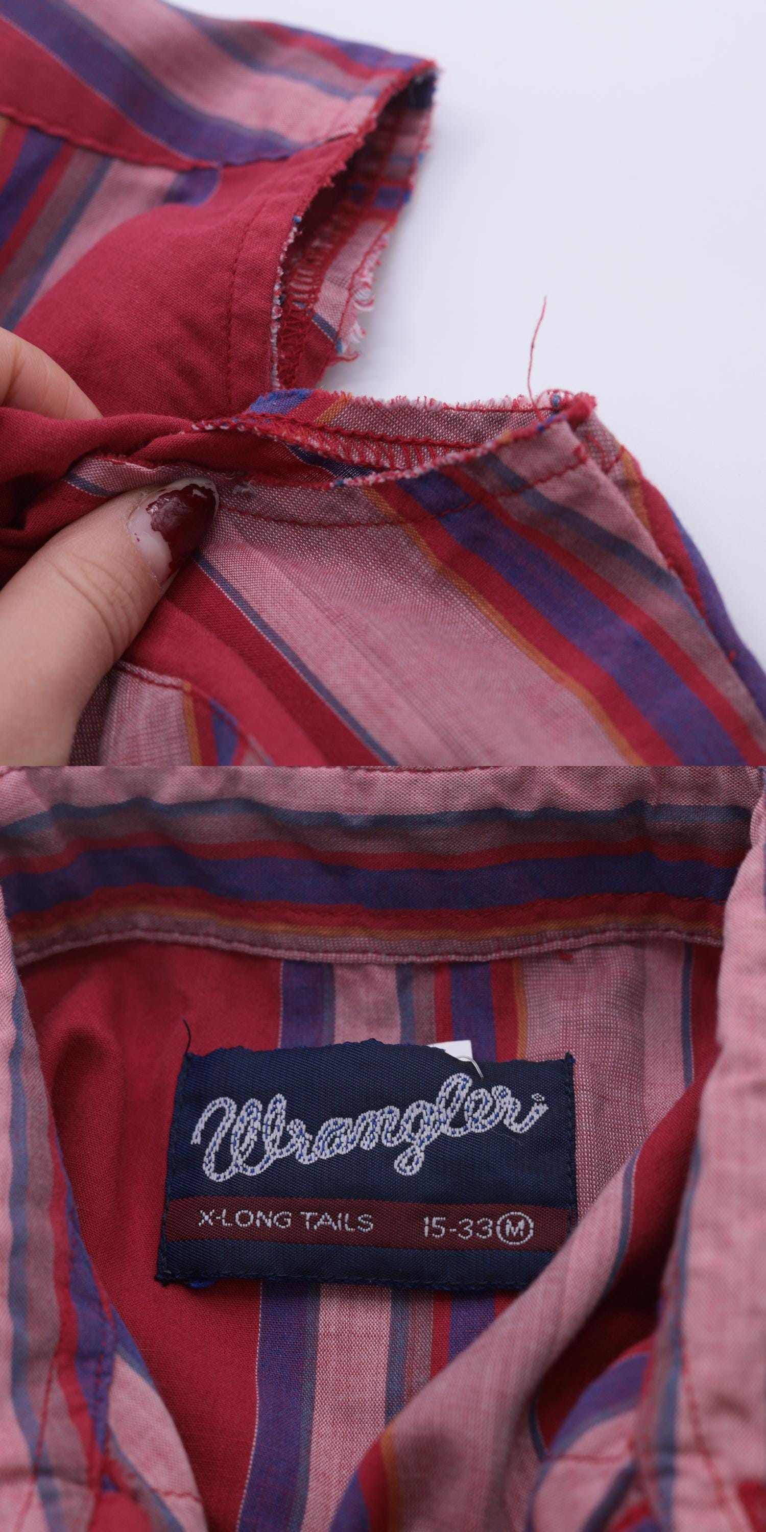 90s Wrangler Western Sleeveless Shirt Cherry Red Striped Pearl Snap Men's Medium
